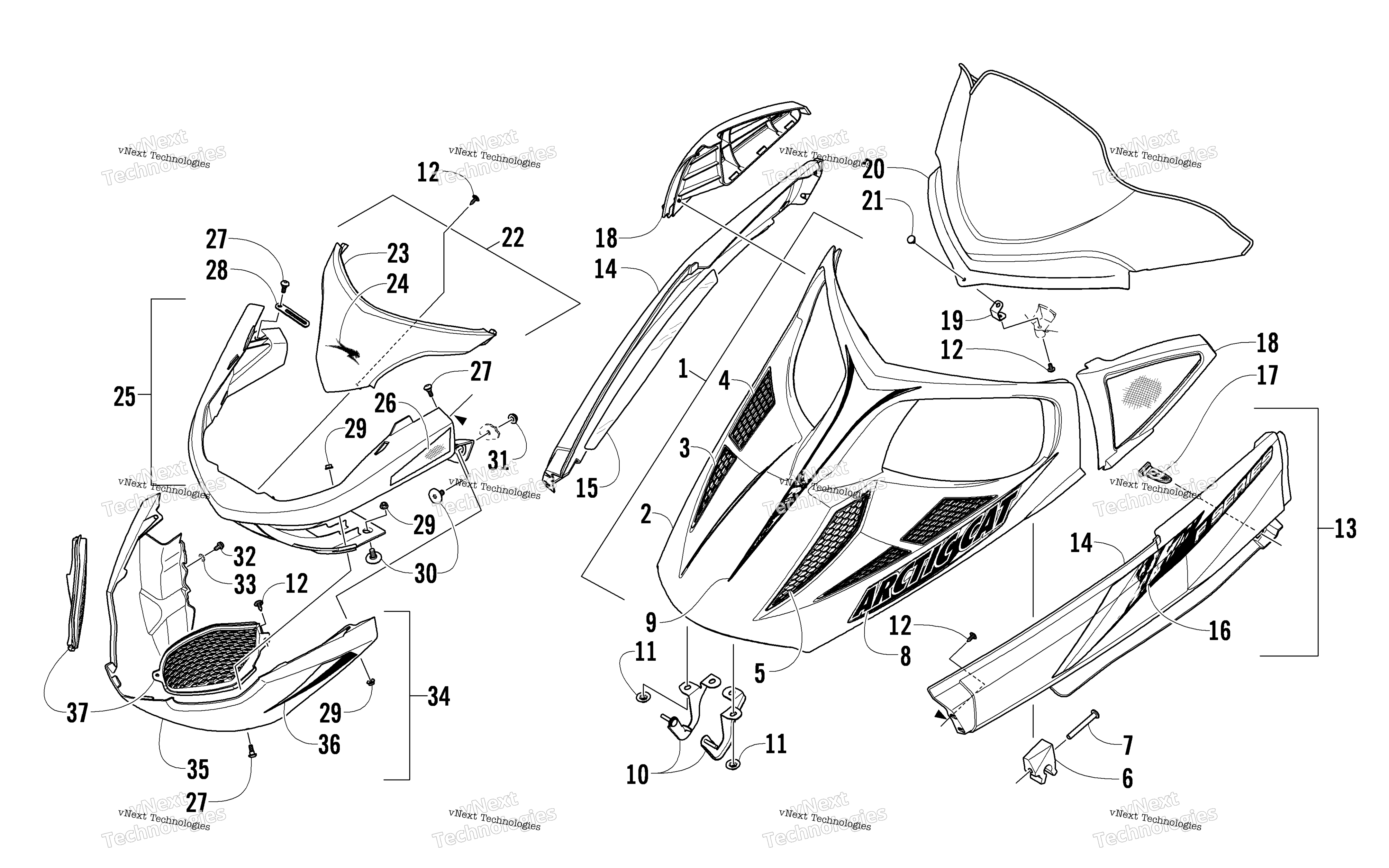 Hood, Windshield, и передний Bumper узел