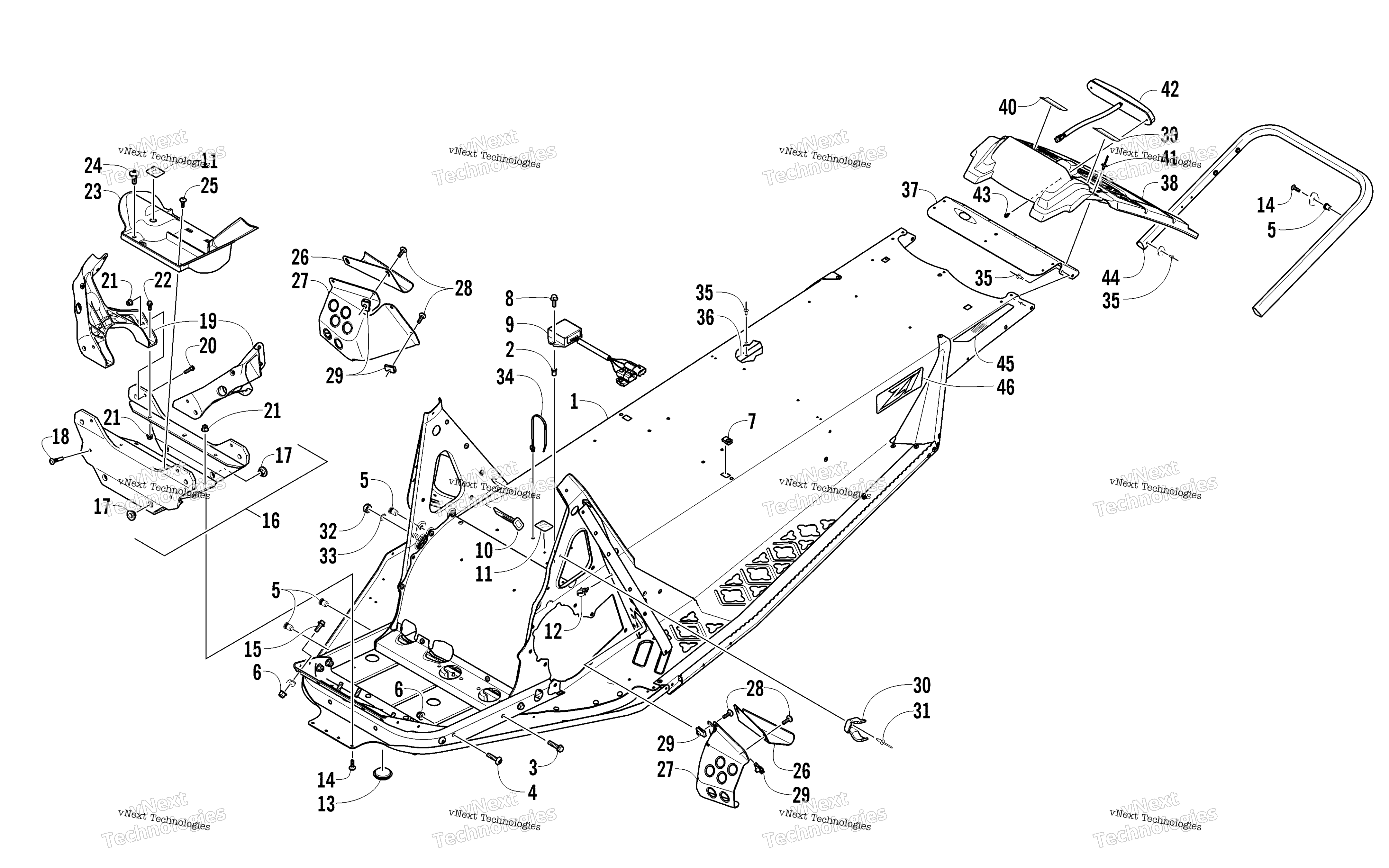 Chassis, задний Bumper, и Snowflap узел