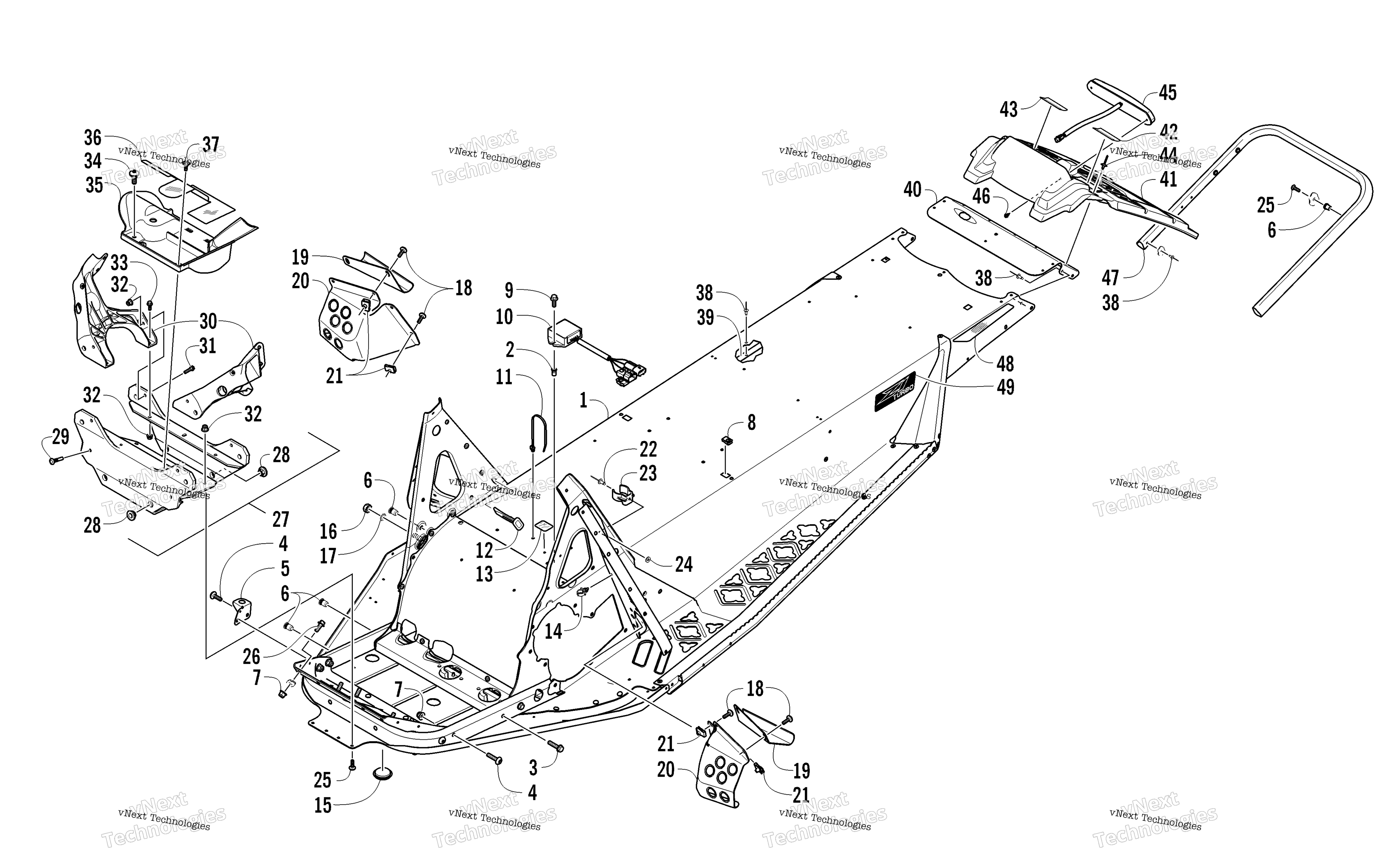 Chassis, задний Bumper, и Snowflap узел