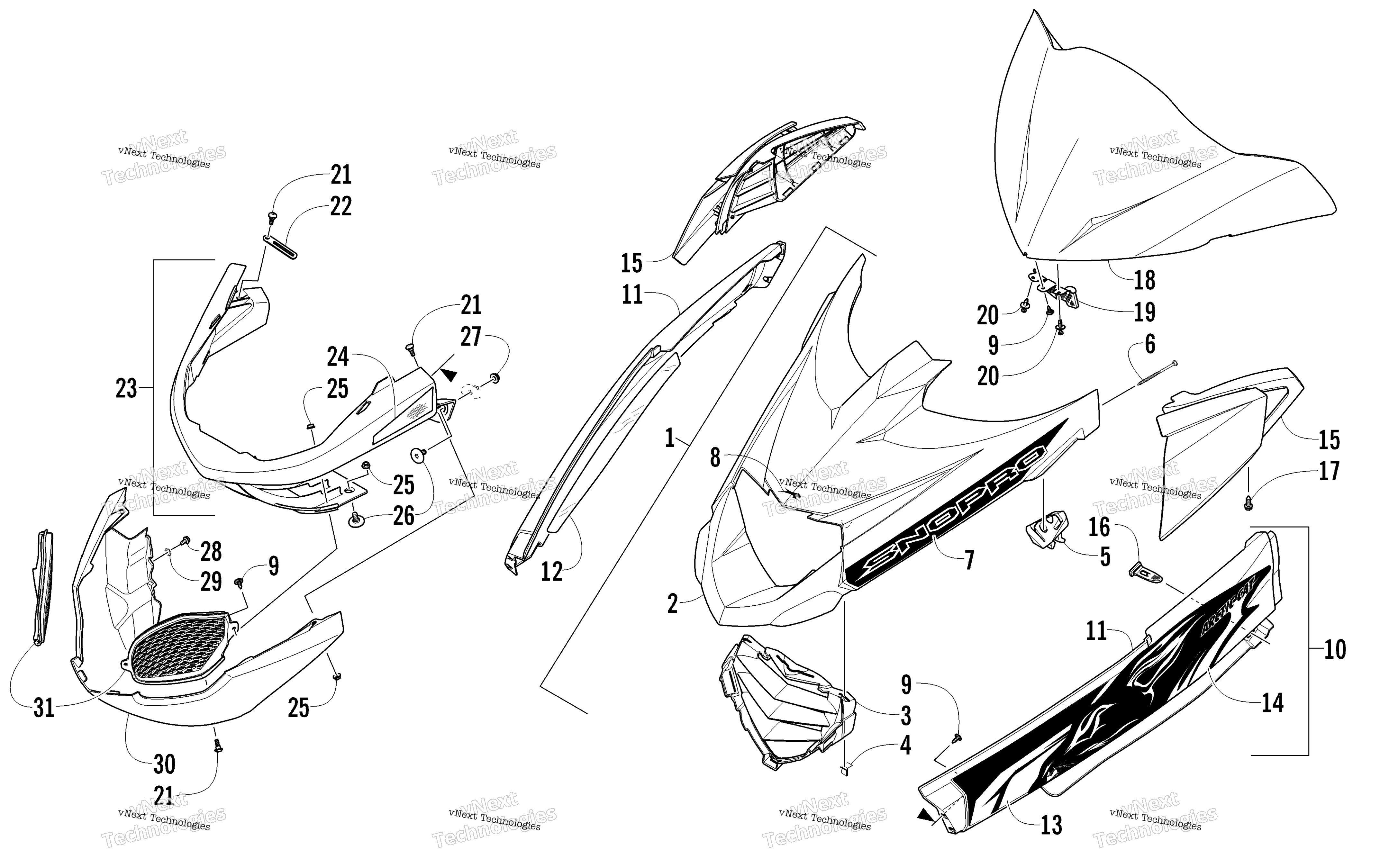Hood, Windshield, и передний Bumper узел