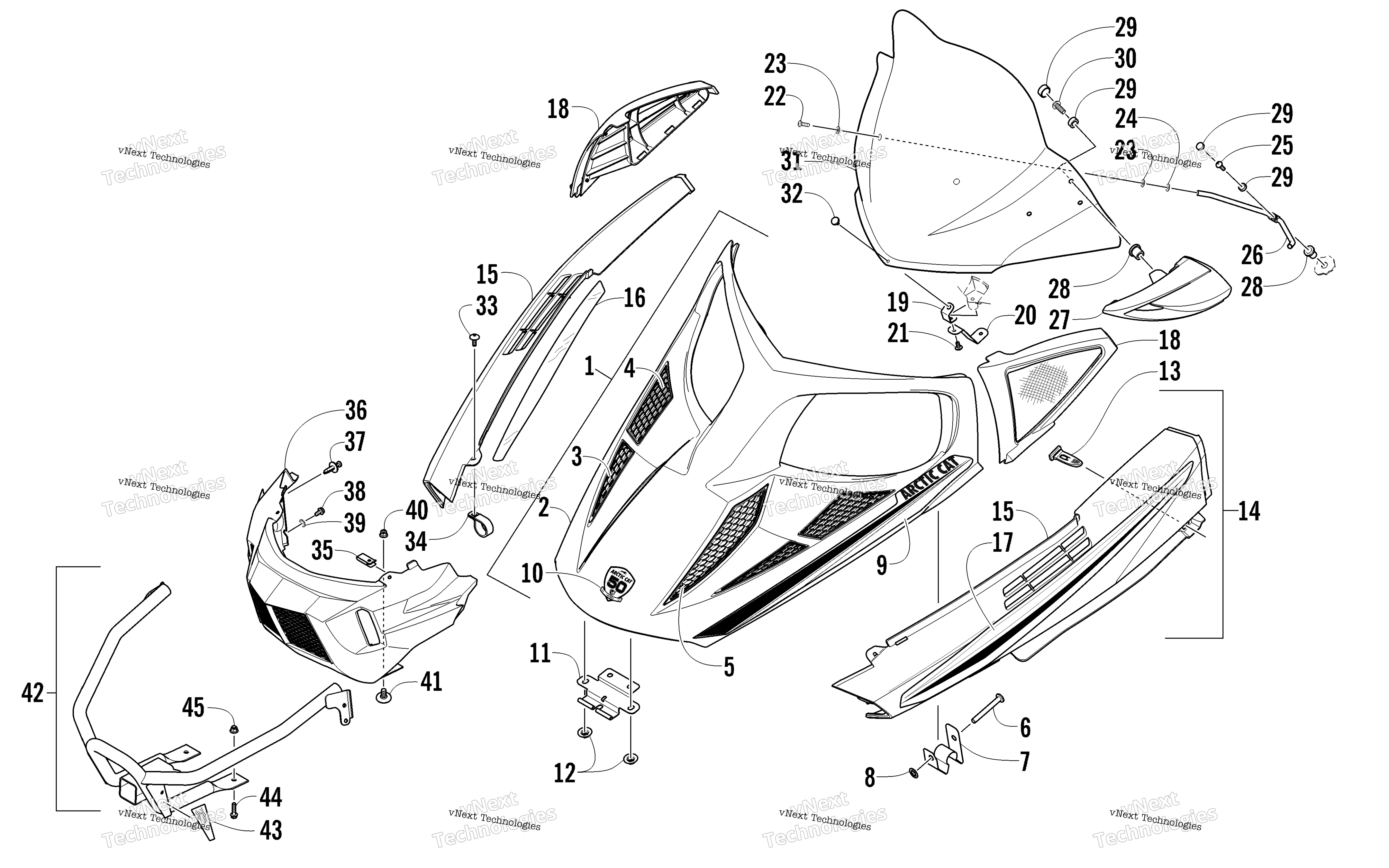 Hood, Windshield, и передний Bumper узел
