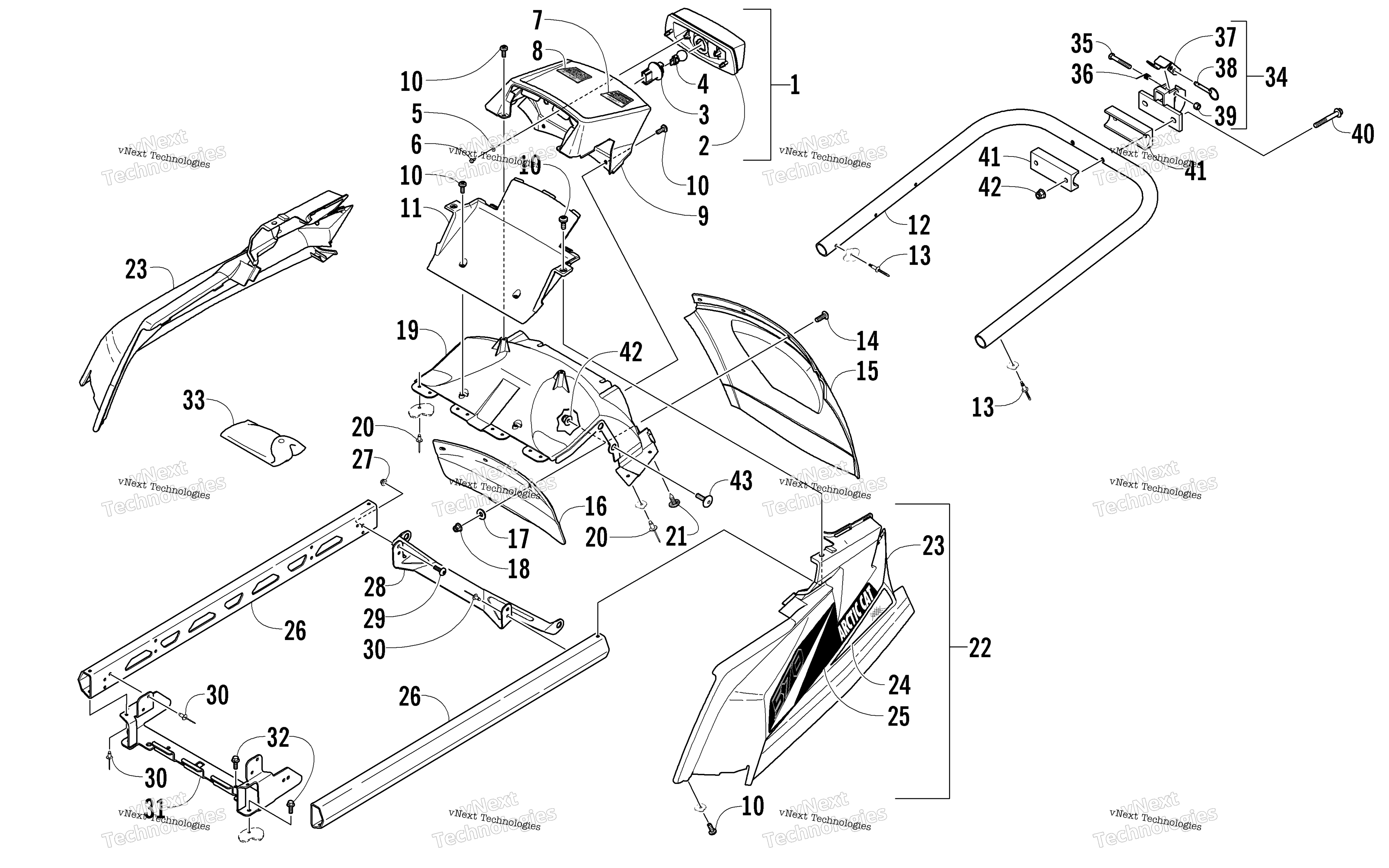 задний Bumper, Hitch, полка Rail, Snowflap, и Taillight узел