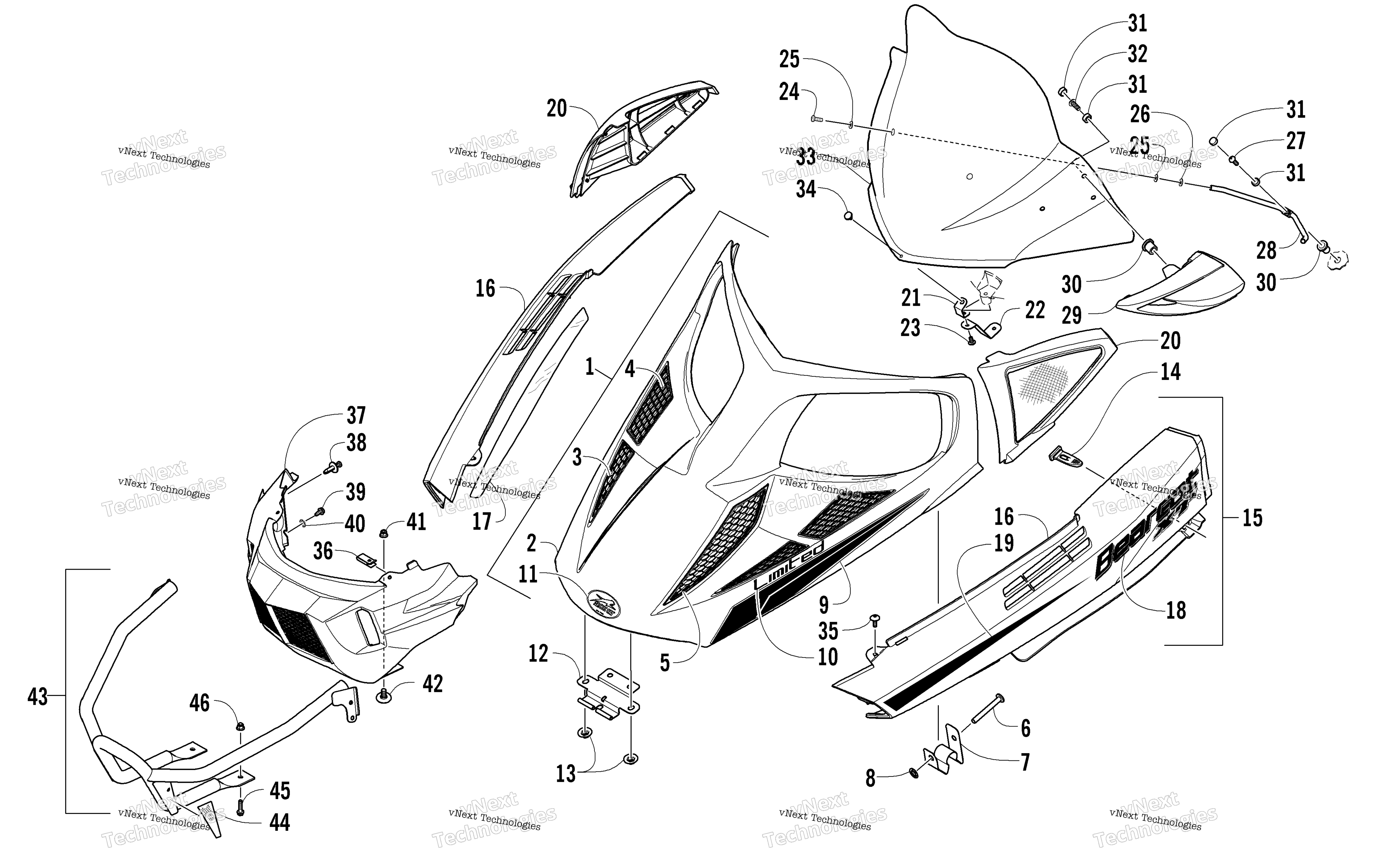 Hood, Windshield, и передний Bumper узел