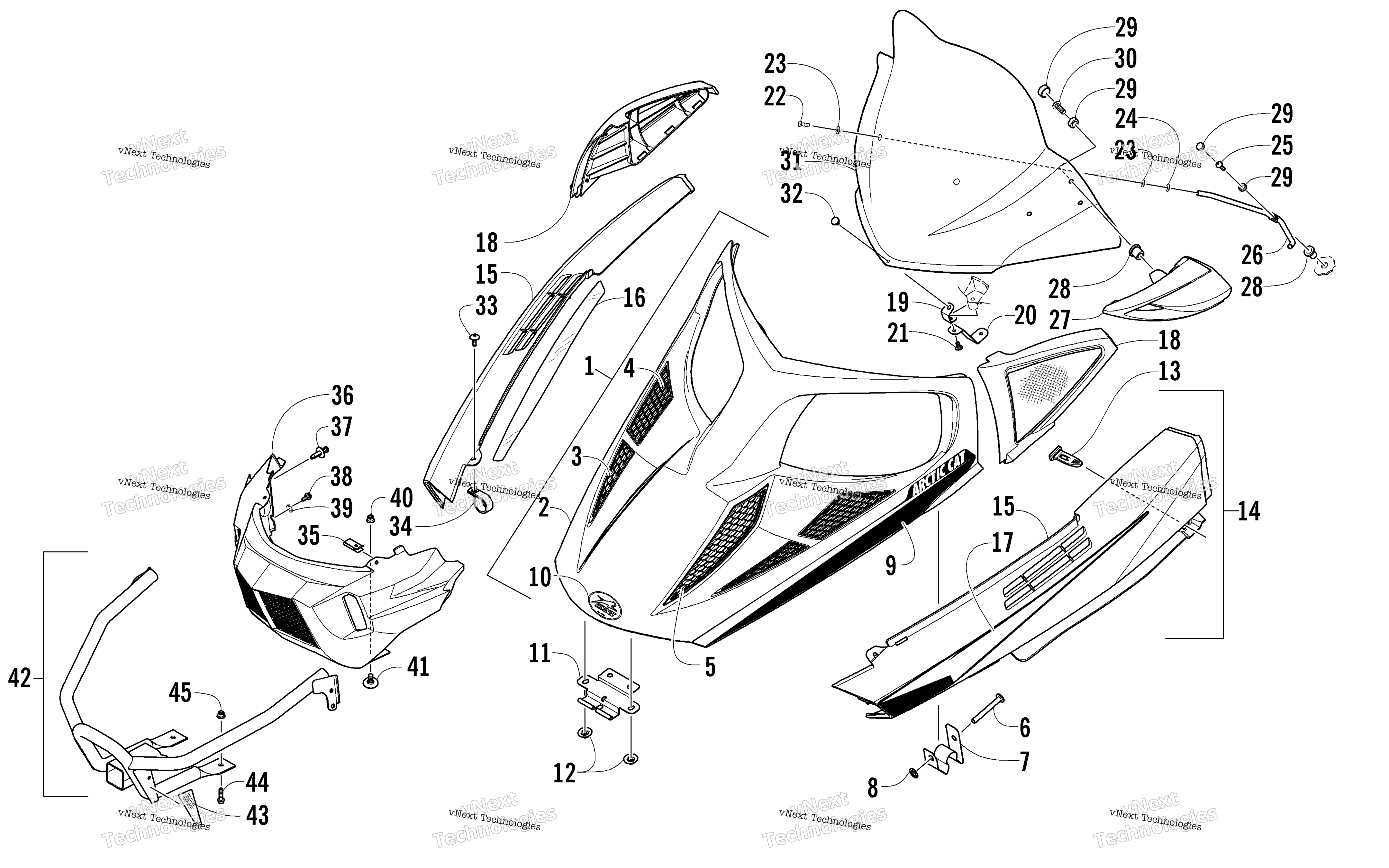 Hood, Windshield, и передний Bumper узел