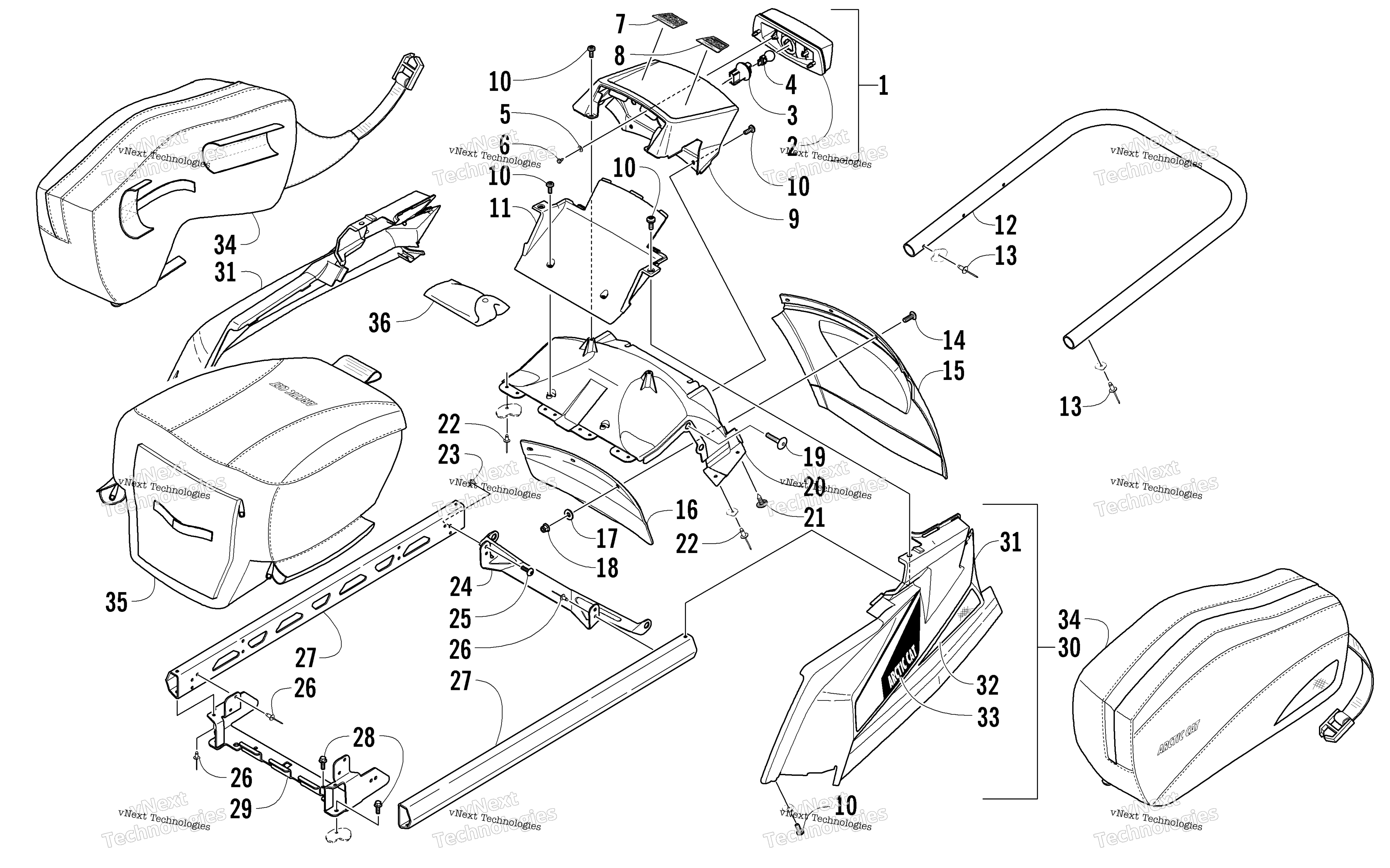 задний Bumper, полка Rail, Snowflap, и Taillight узел