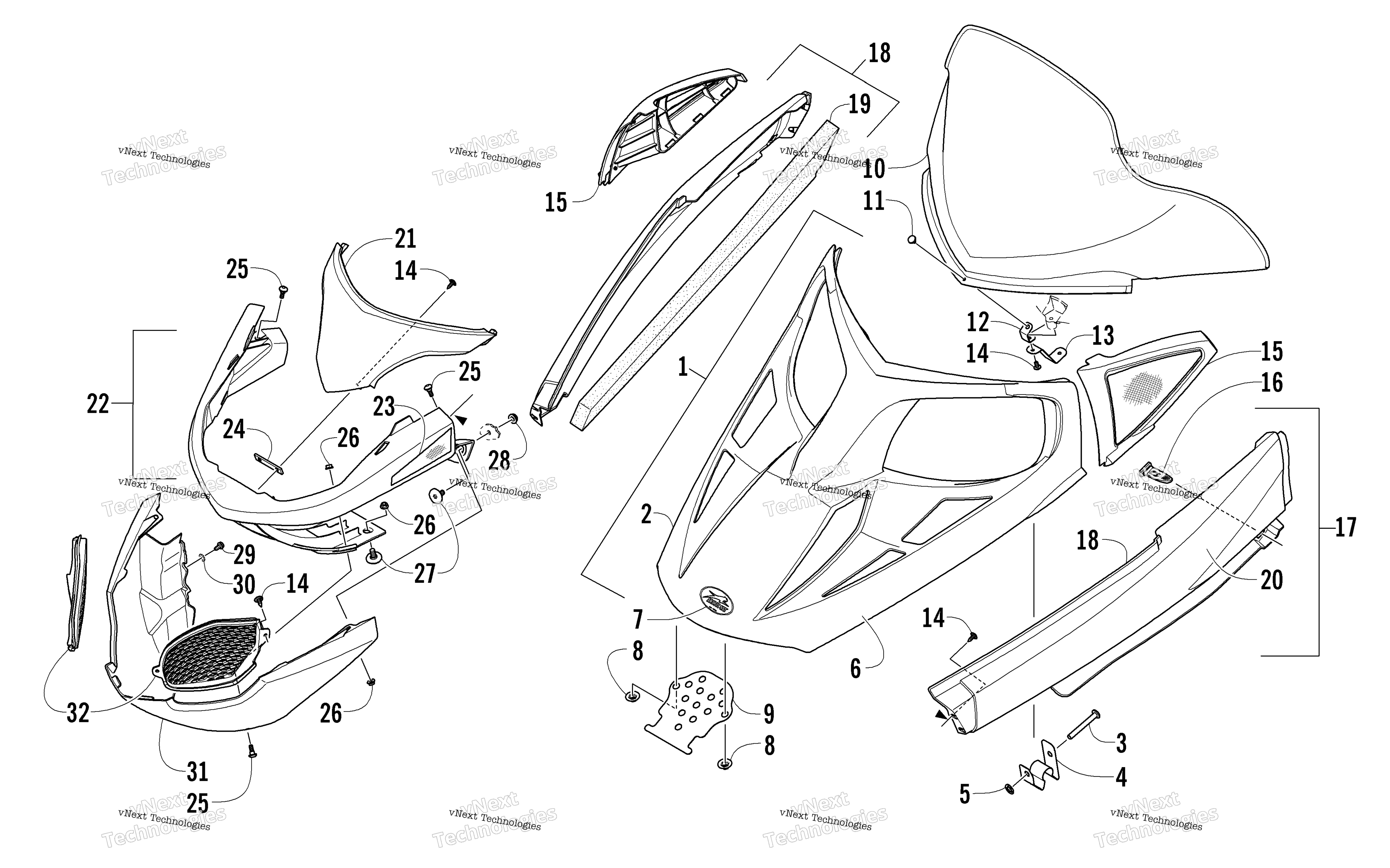 Hood, Windshield, и передний Bumper узел
