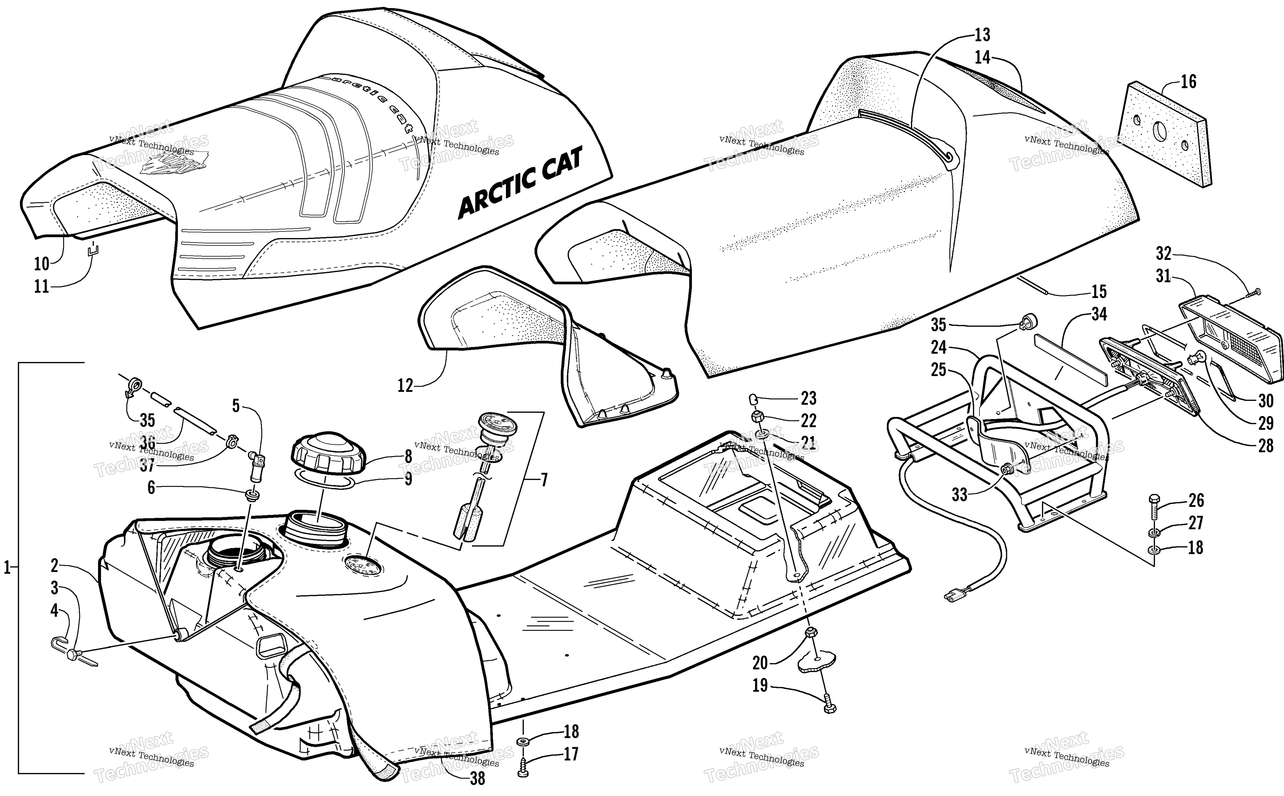 топливный Tank, Seat, Rack, и Taillight узел