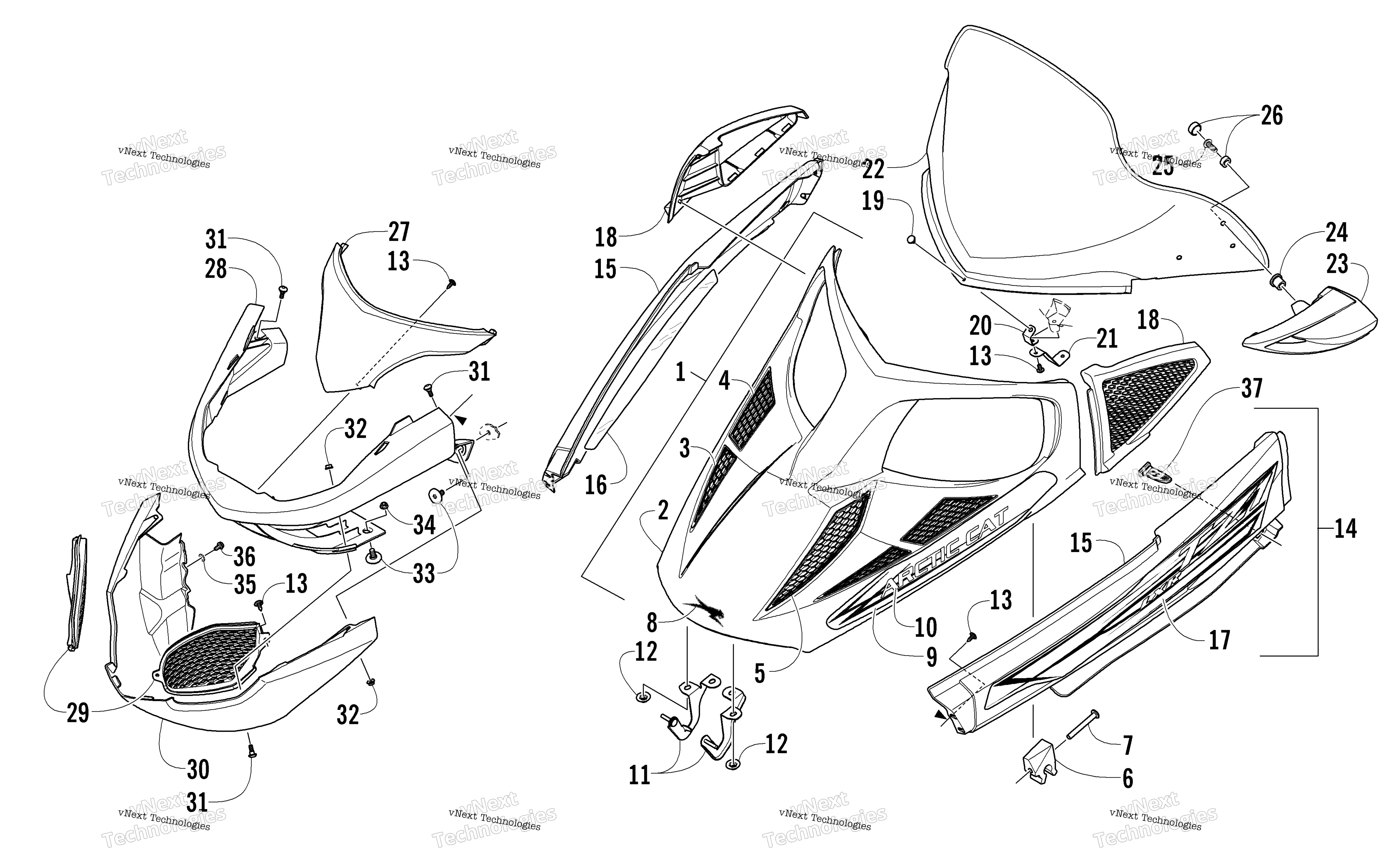 Hood, Windshield, и передний Bumper узел