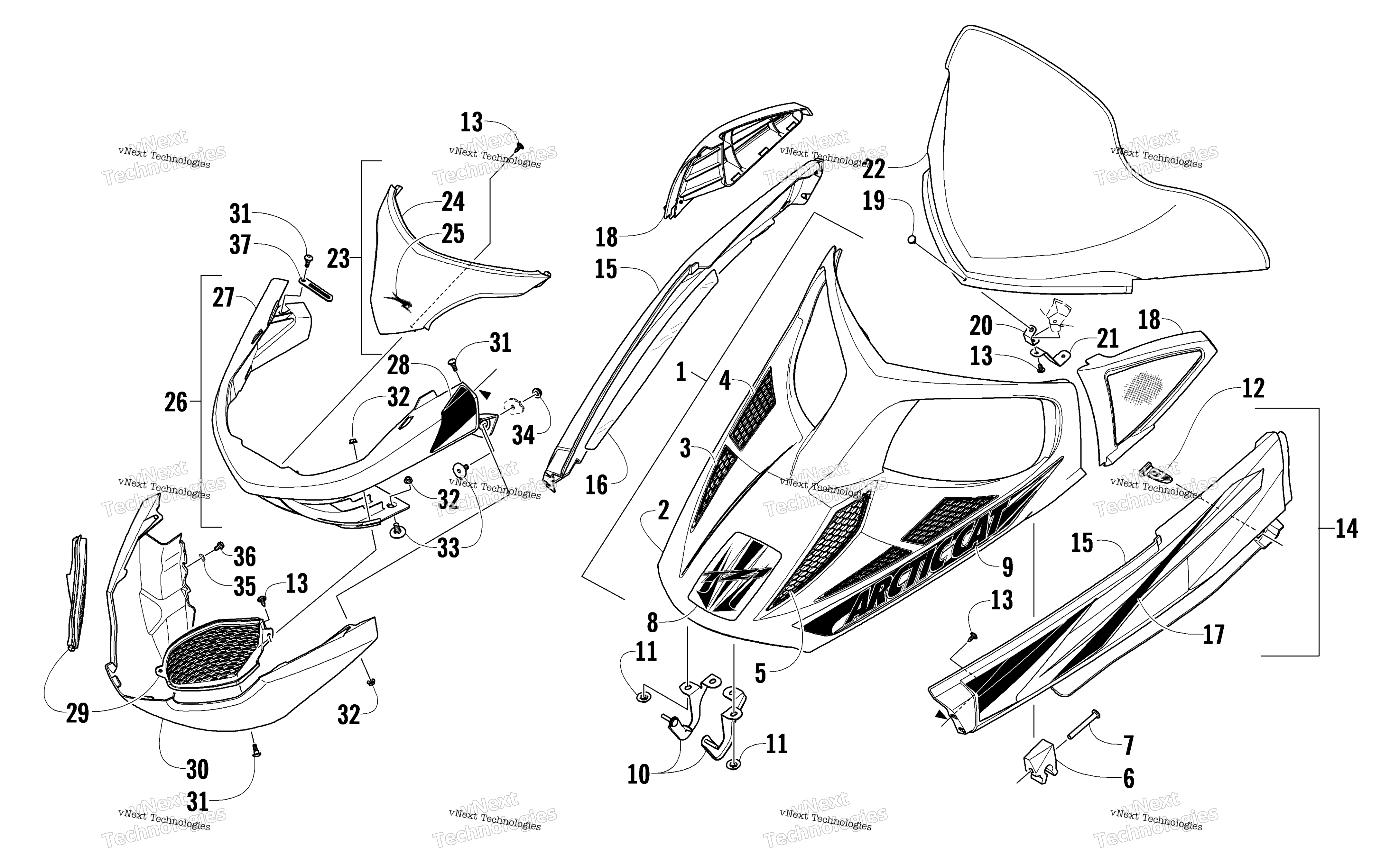 Hood, Windshield, и передний Bumper узел