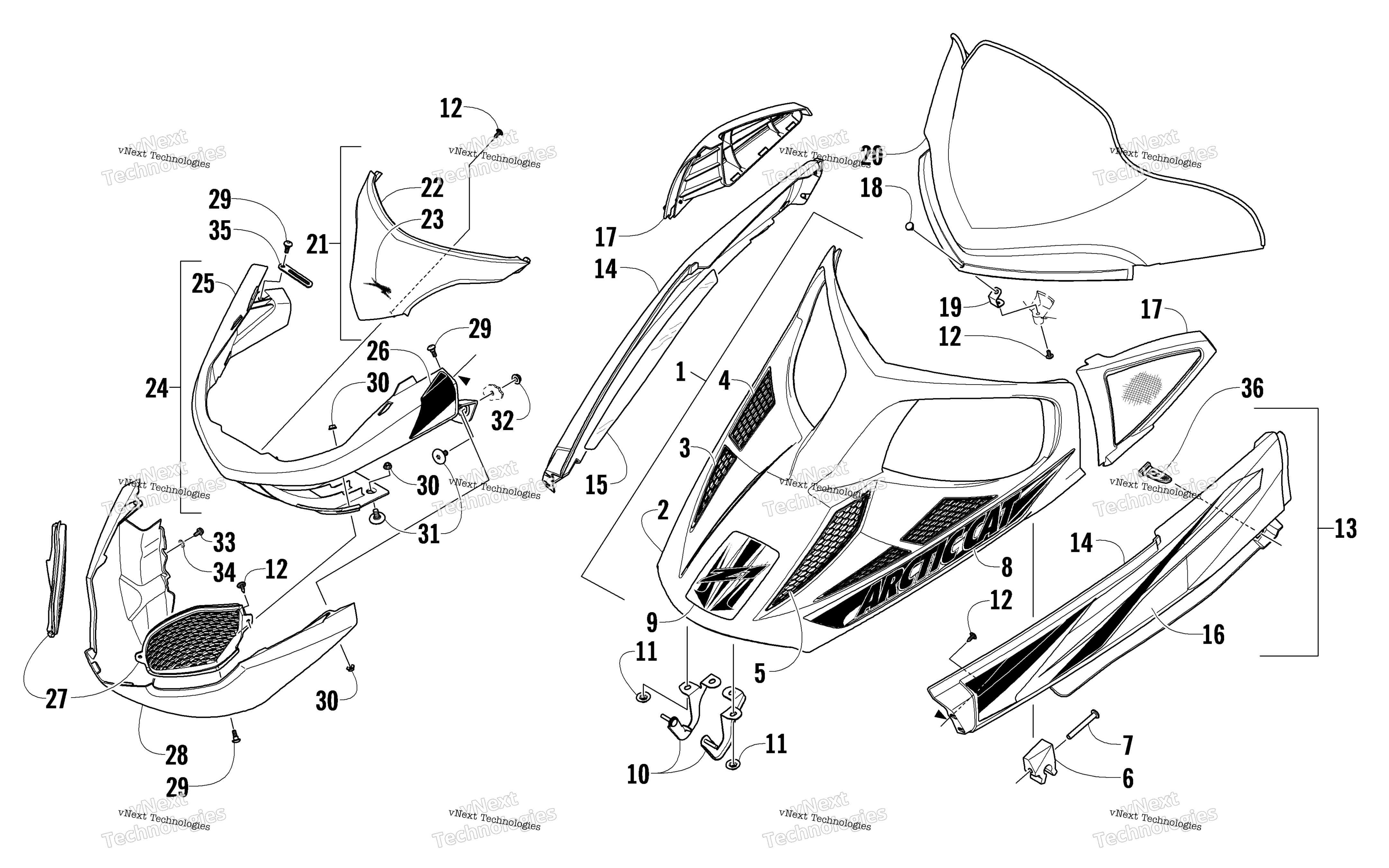 Hood, Windshield, и передний Bumper узел