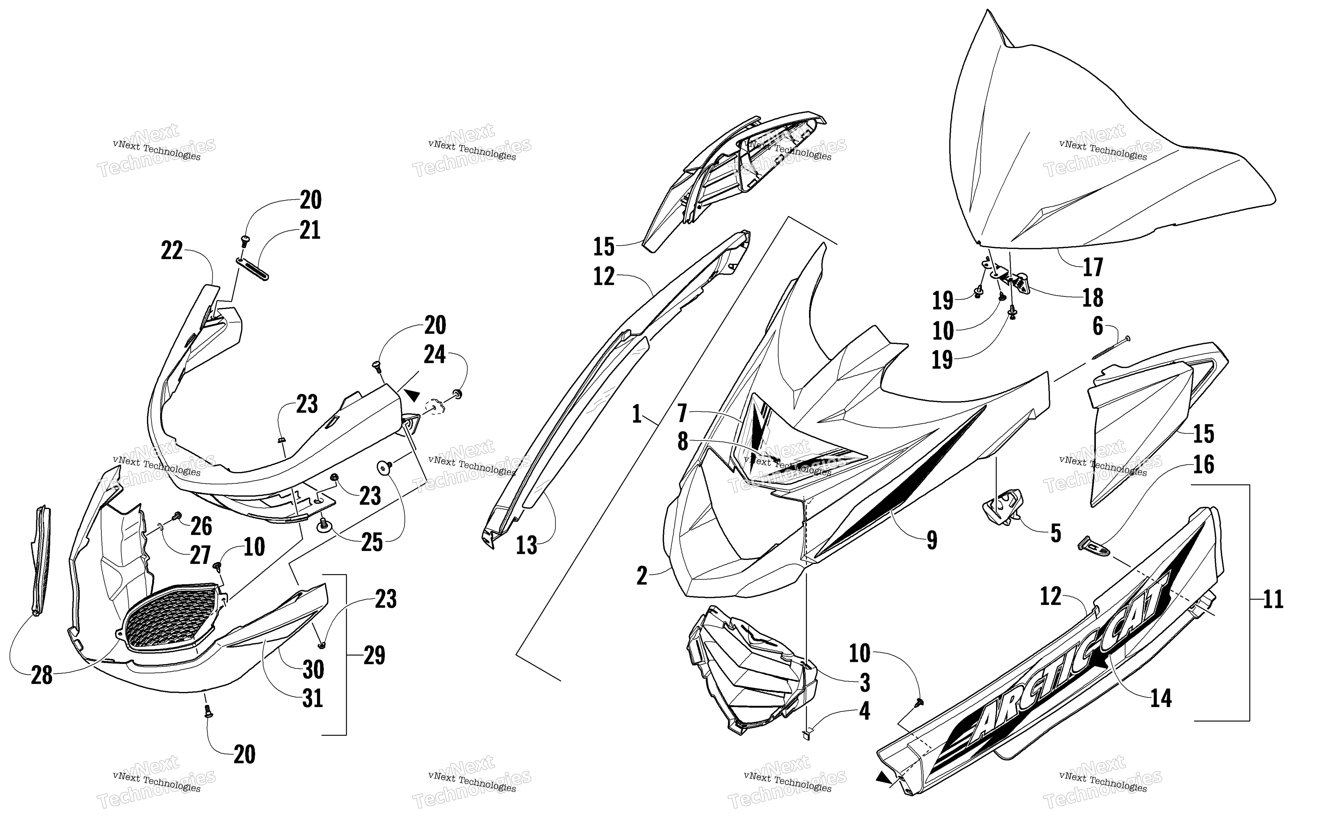Hood, Windshield, и передний Bumper узел