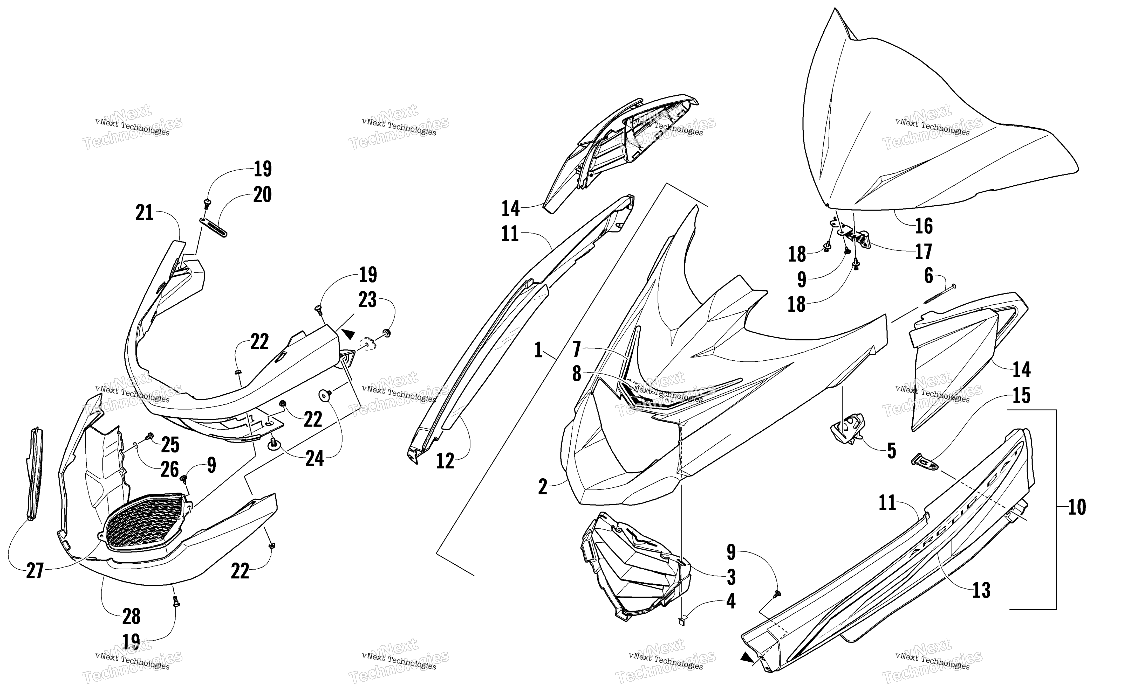 Hood, Windshield, и передний Bumper узел
