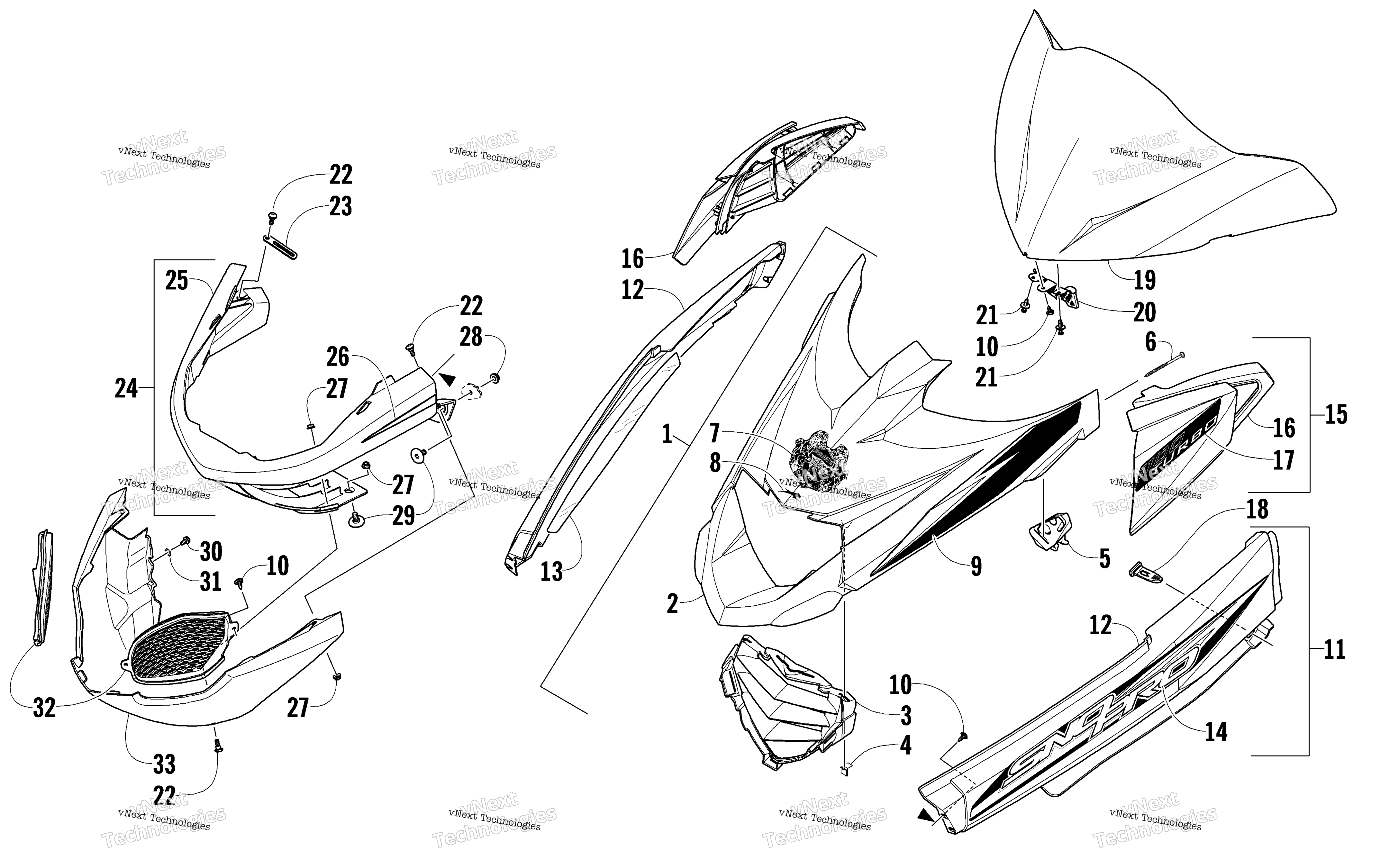 Hood, Windshield, и передний Bumper узел