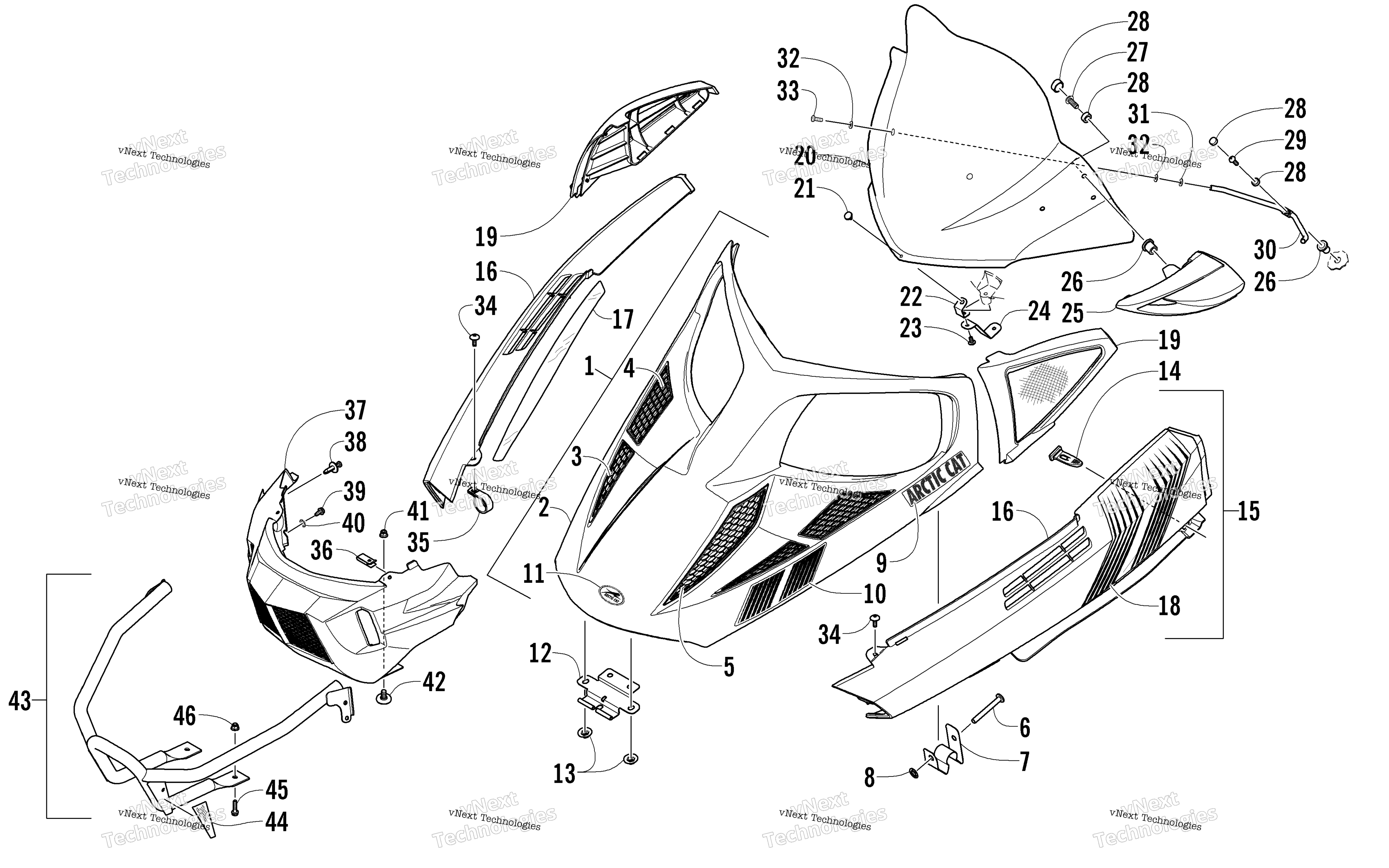 Hood, Windshield, и передний Bumper узел