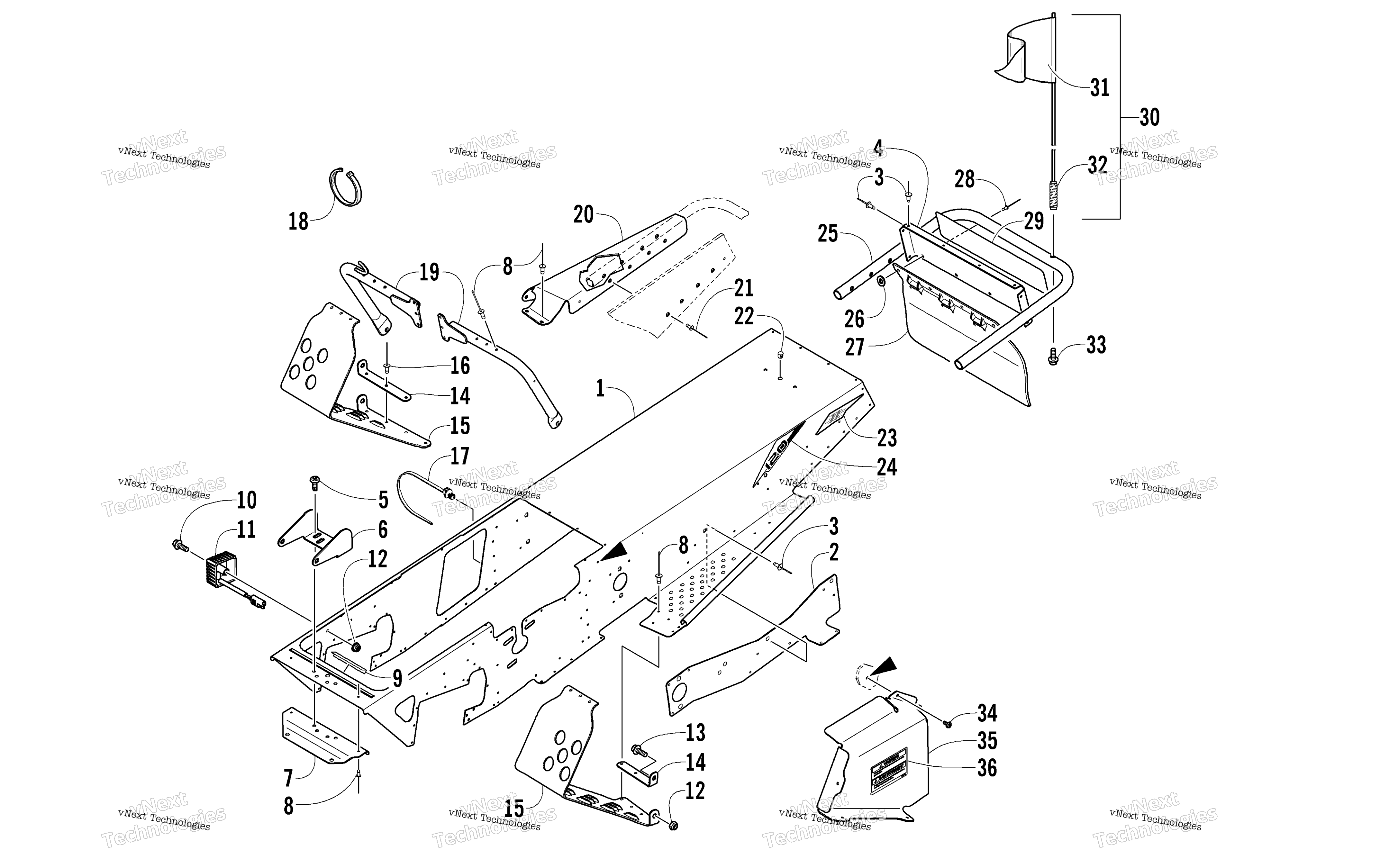 Chassis, Footrest, и задний Bumper узел