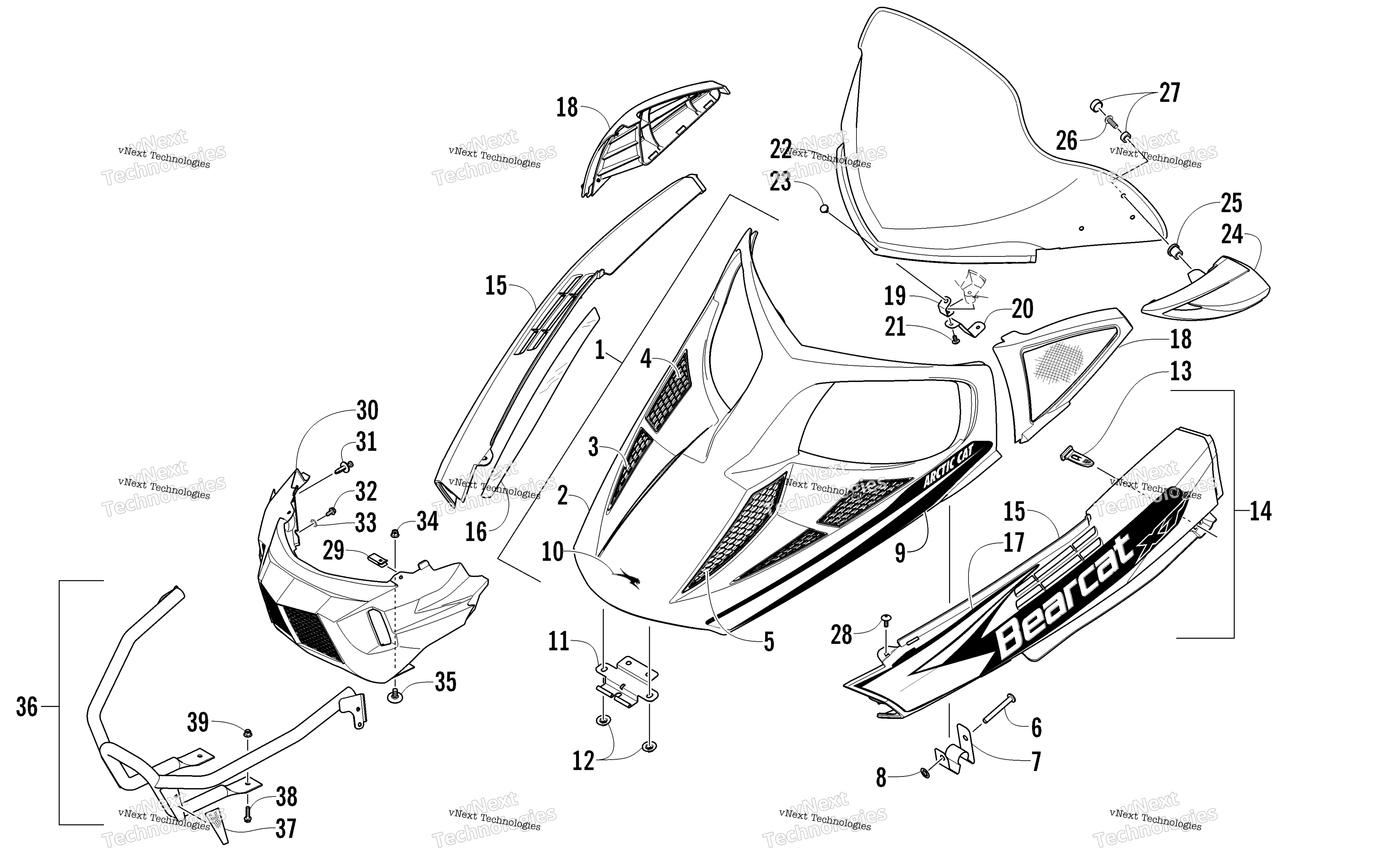 Hood, Windshield, и передний Bumper узел