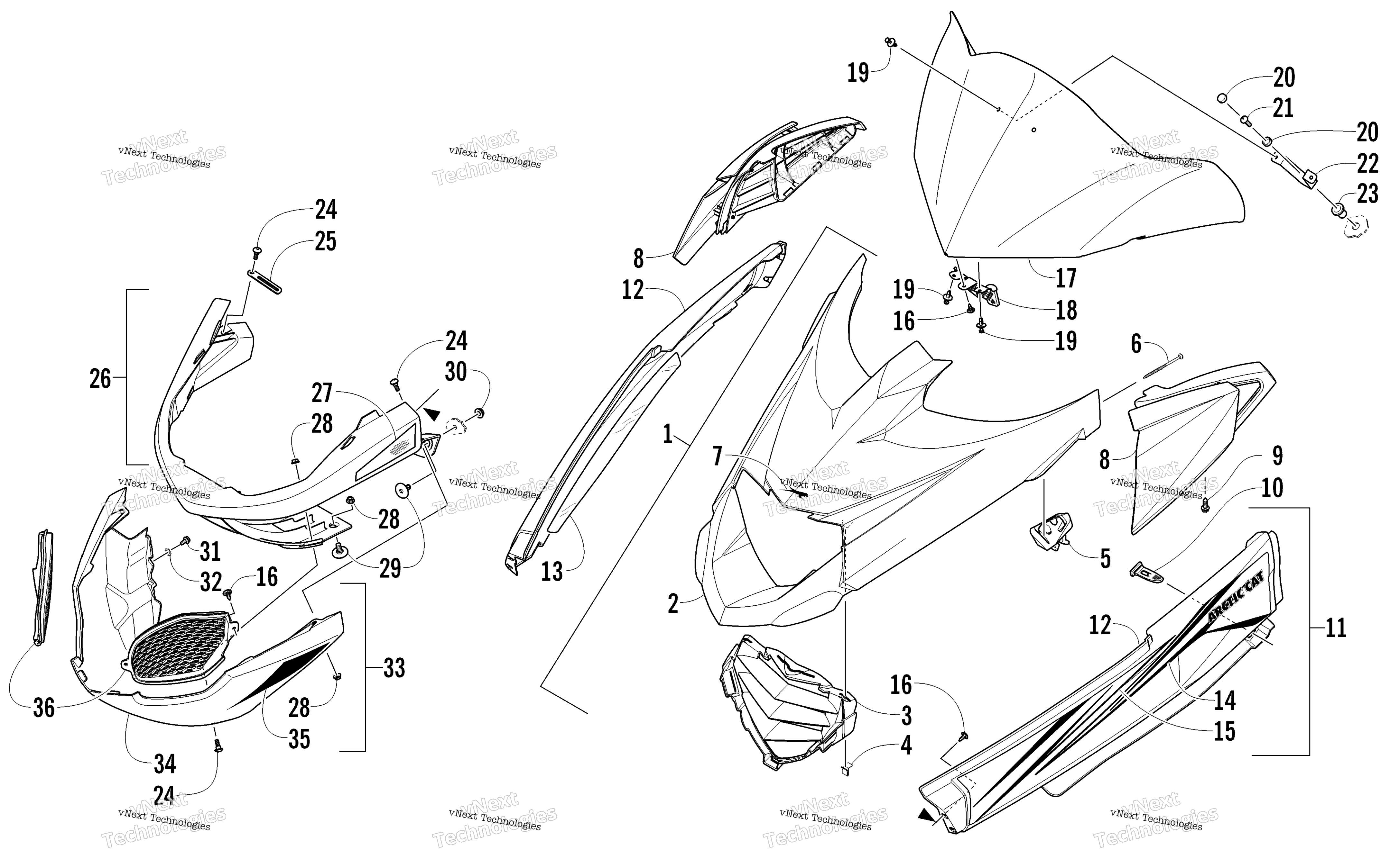 Hood, Windshield, и передний Bumper узел