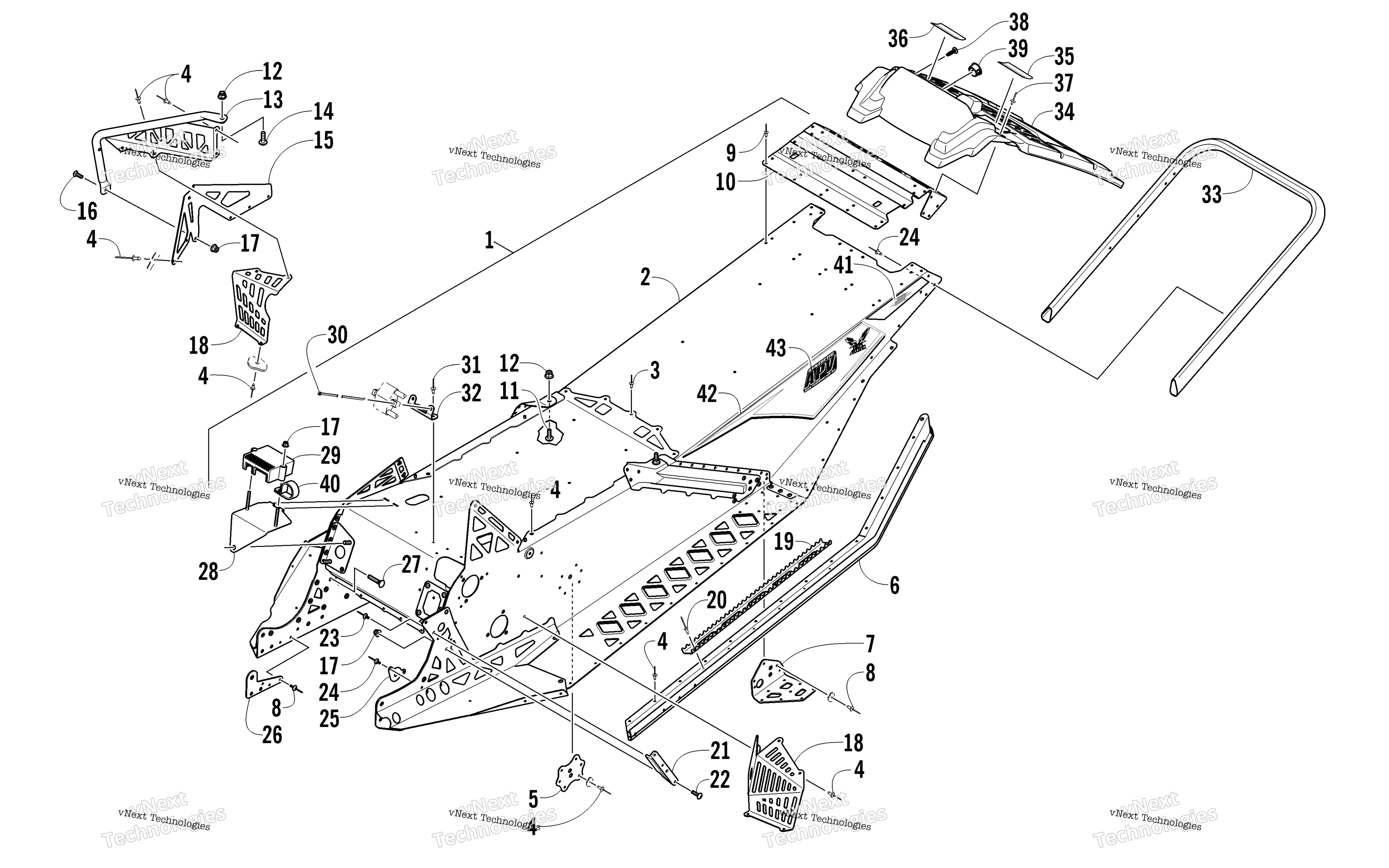 Chassis, задний Bumper, и Snowflap узел