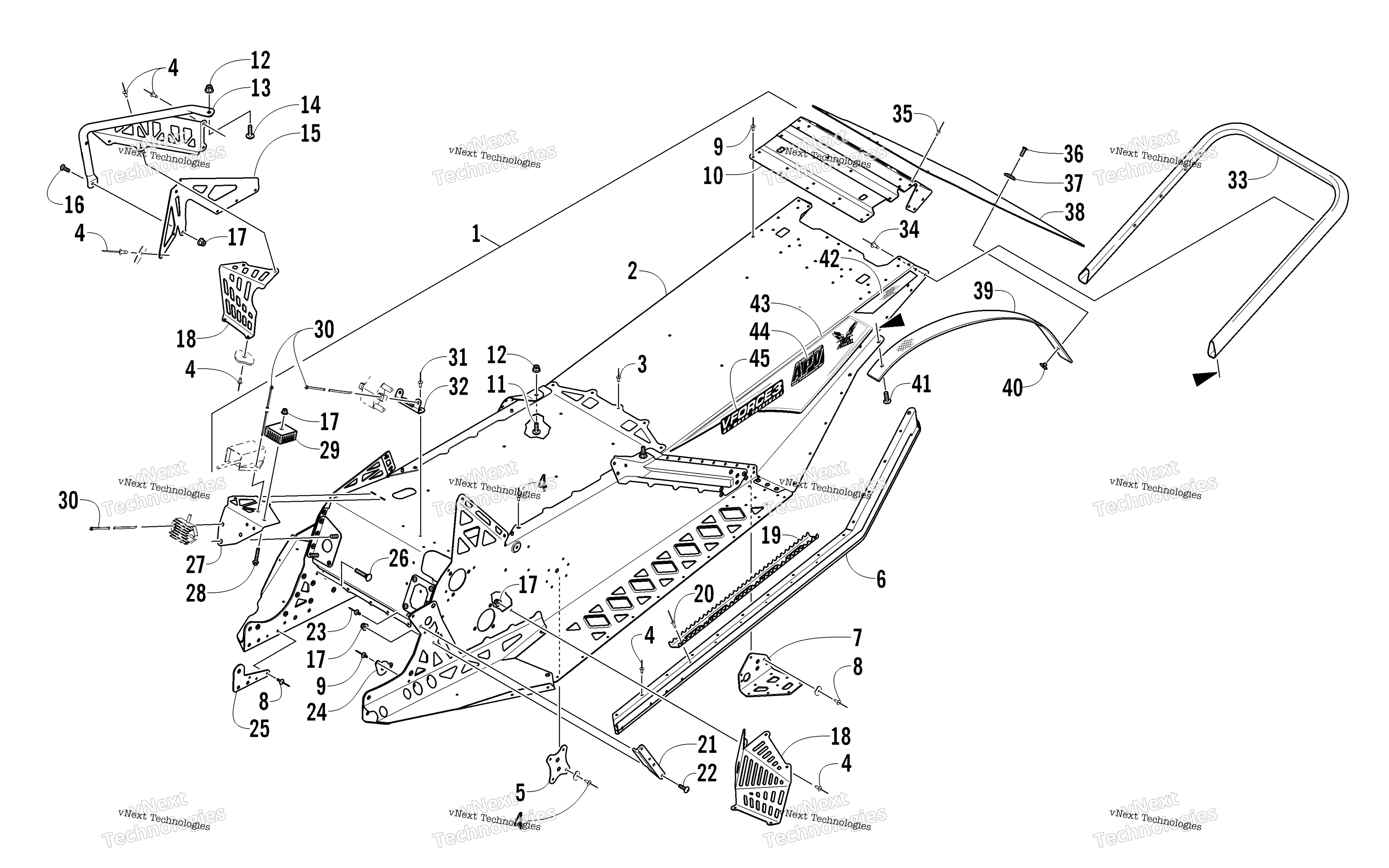Chassis, задний Bumper, и Snowflap узел