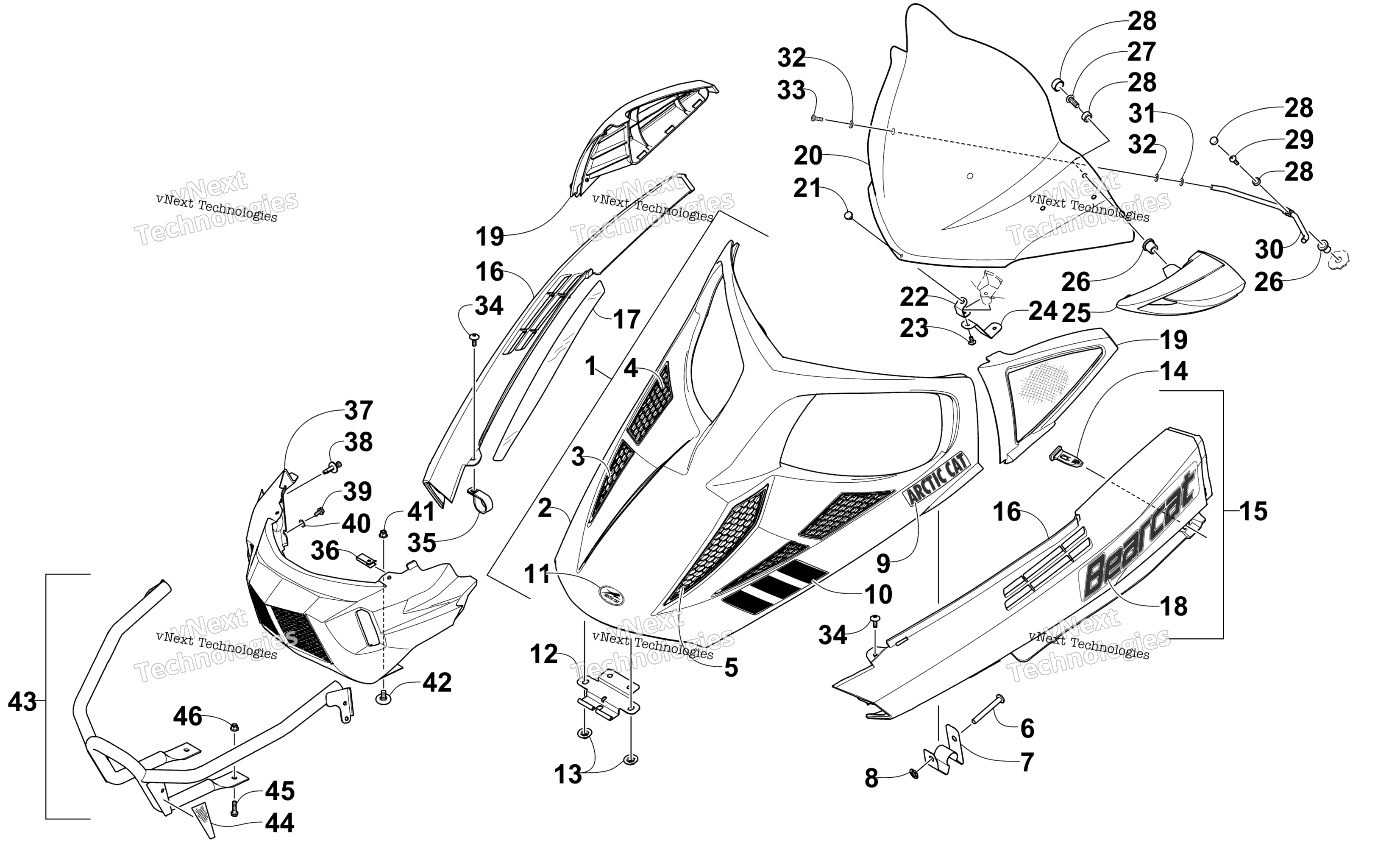 Hood, Windshield, и передний Bumper узел