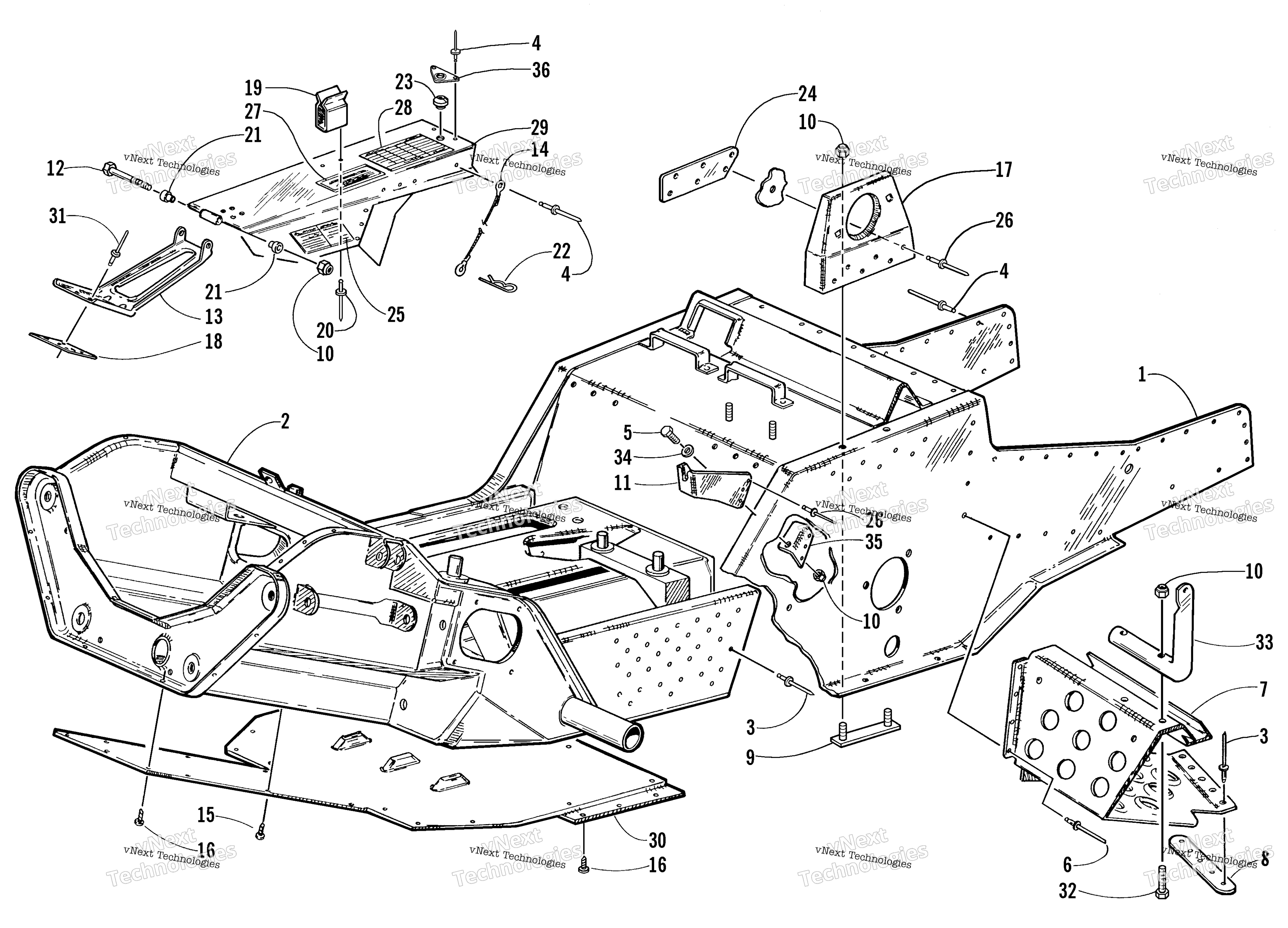 Передняя часть Frame, Footrest, And Guard Assemblies