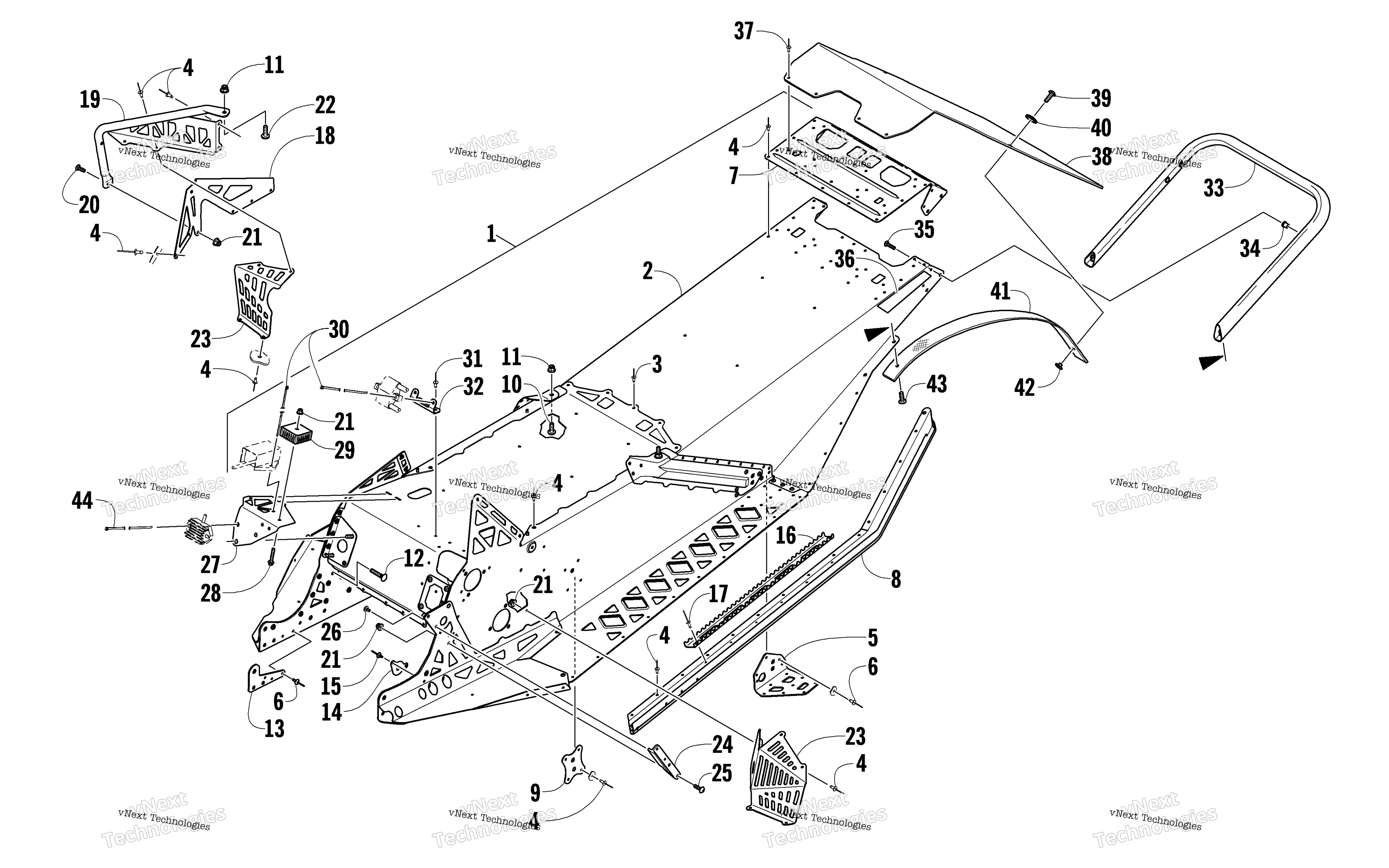 Chassis, задний Bumper, и Snowflap узел