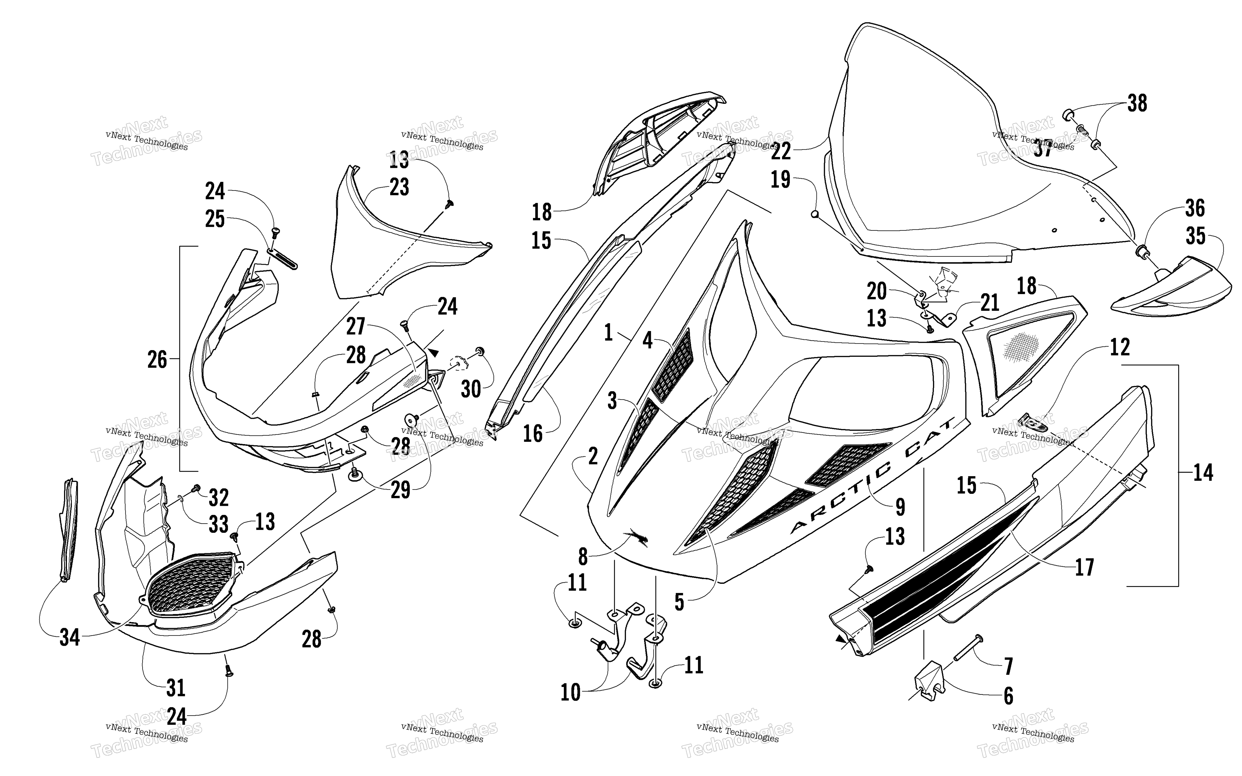 Hood, Windshield, и передний Bumper узел