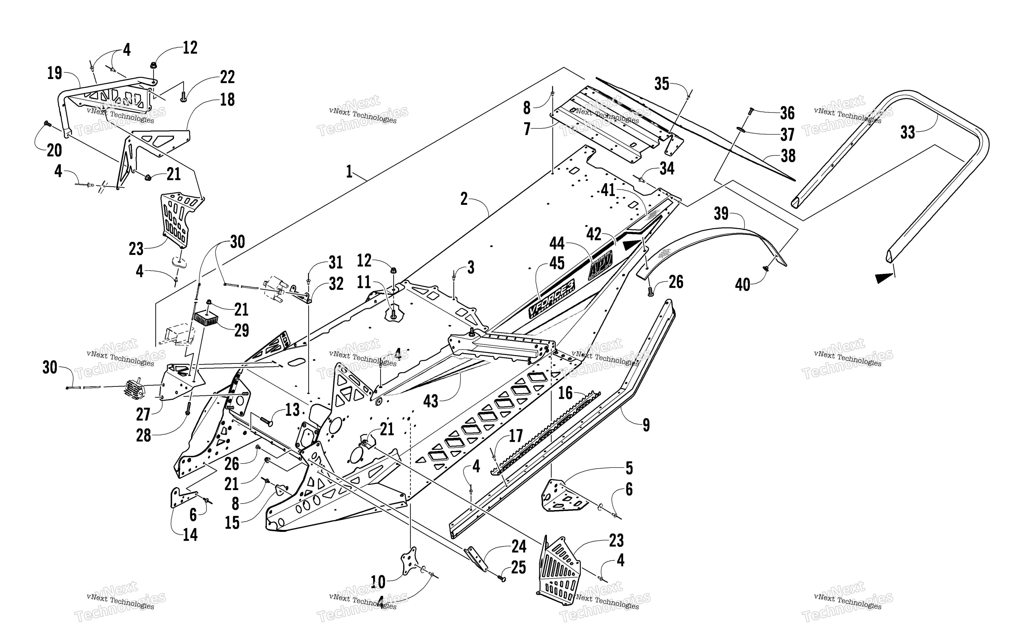 Chassis, задний Bumper, и Snowflap узел