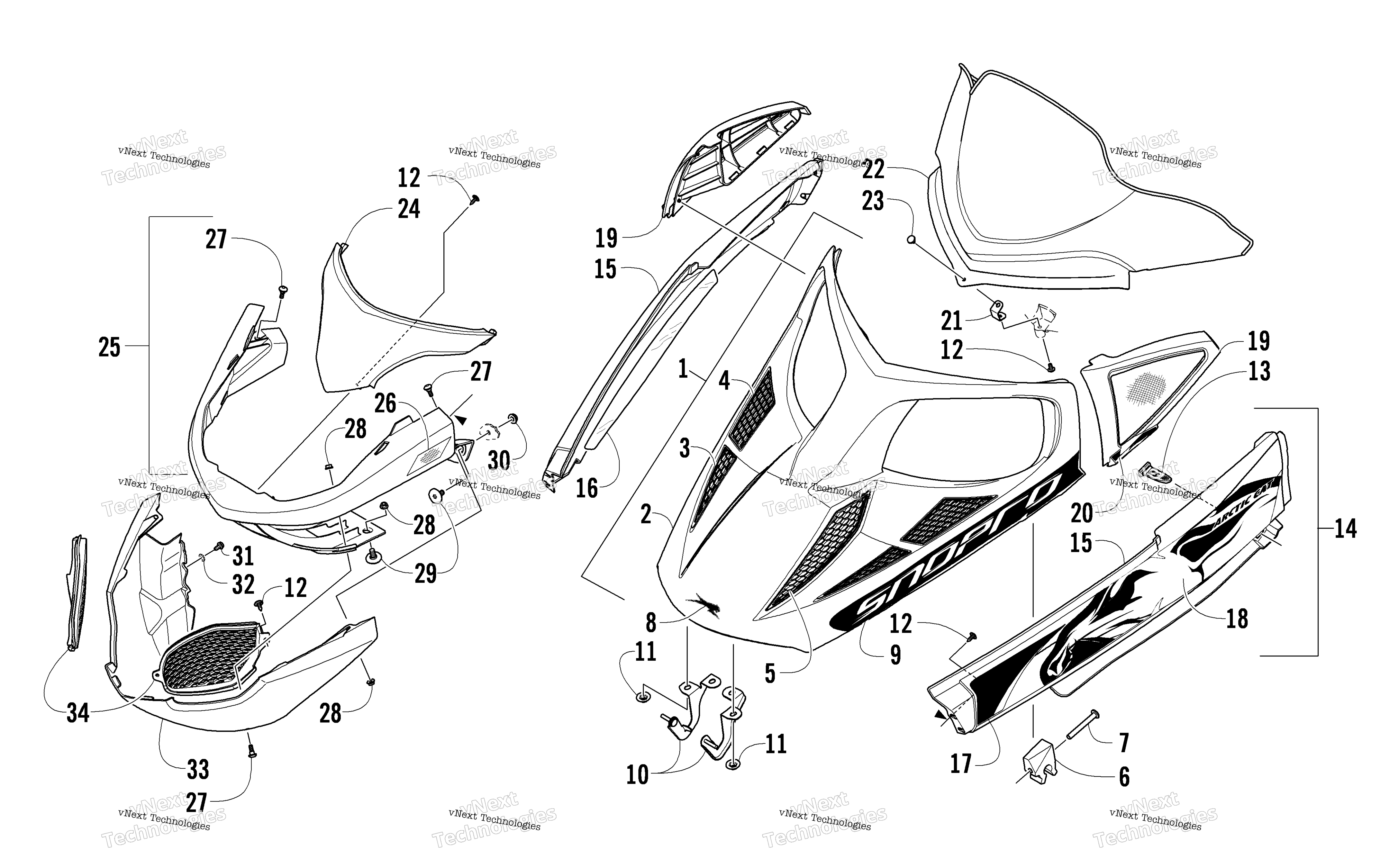 Hood, Windshield, и передний Bumper узел