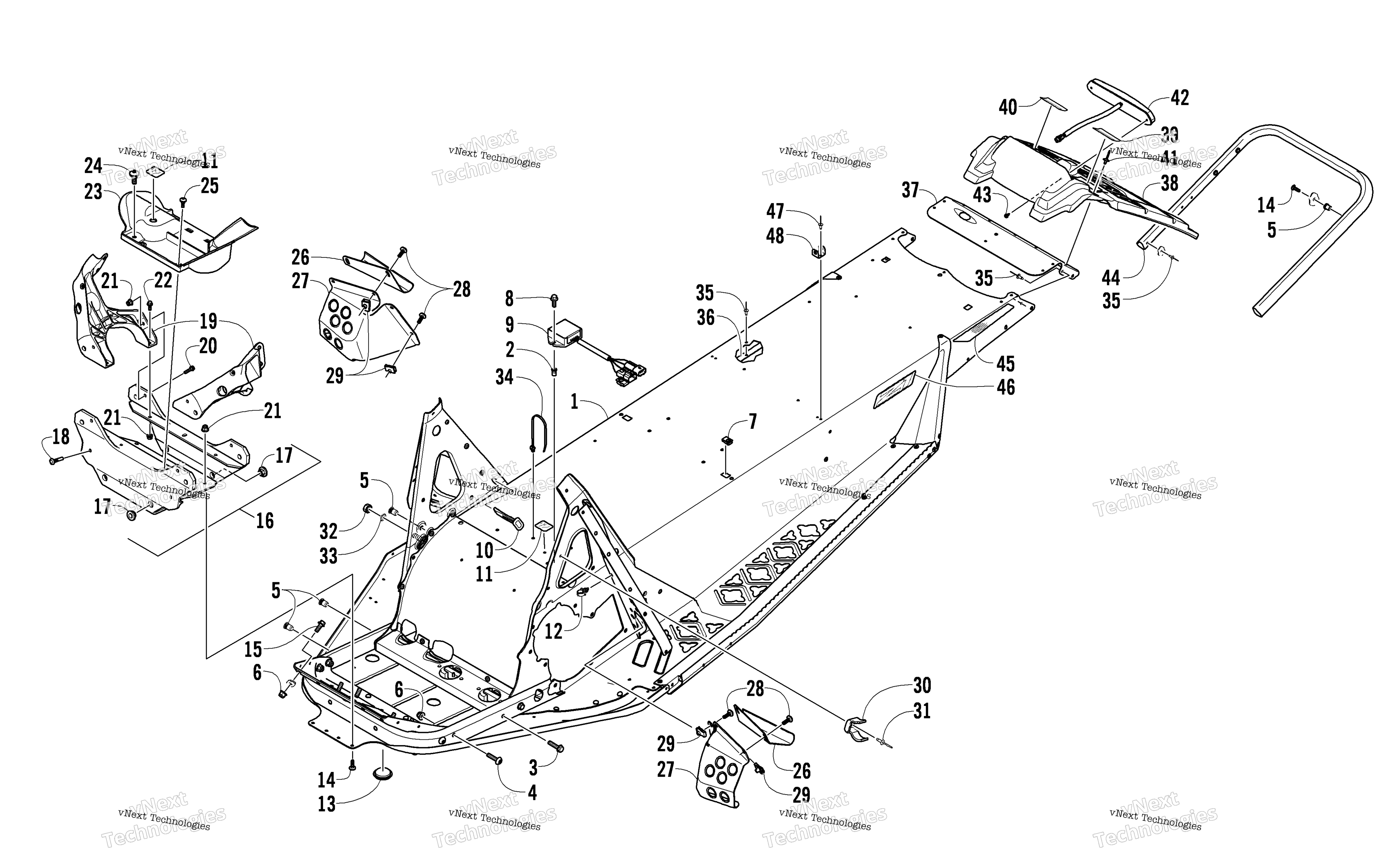Chassis, задний Bumper, и Snowflap узел