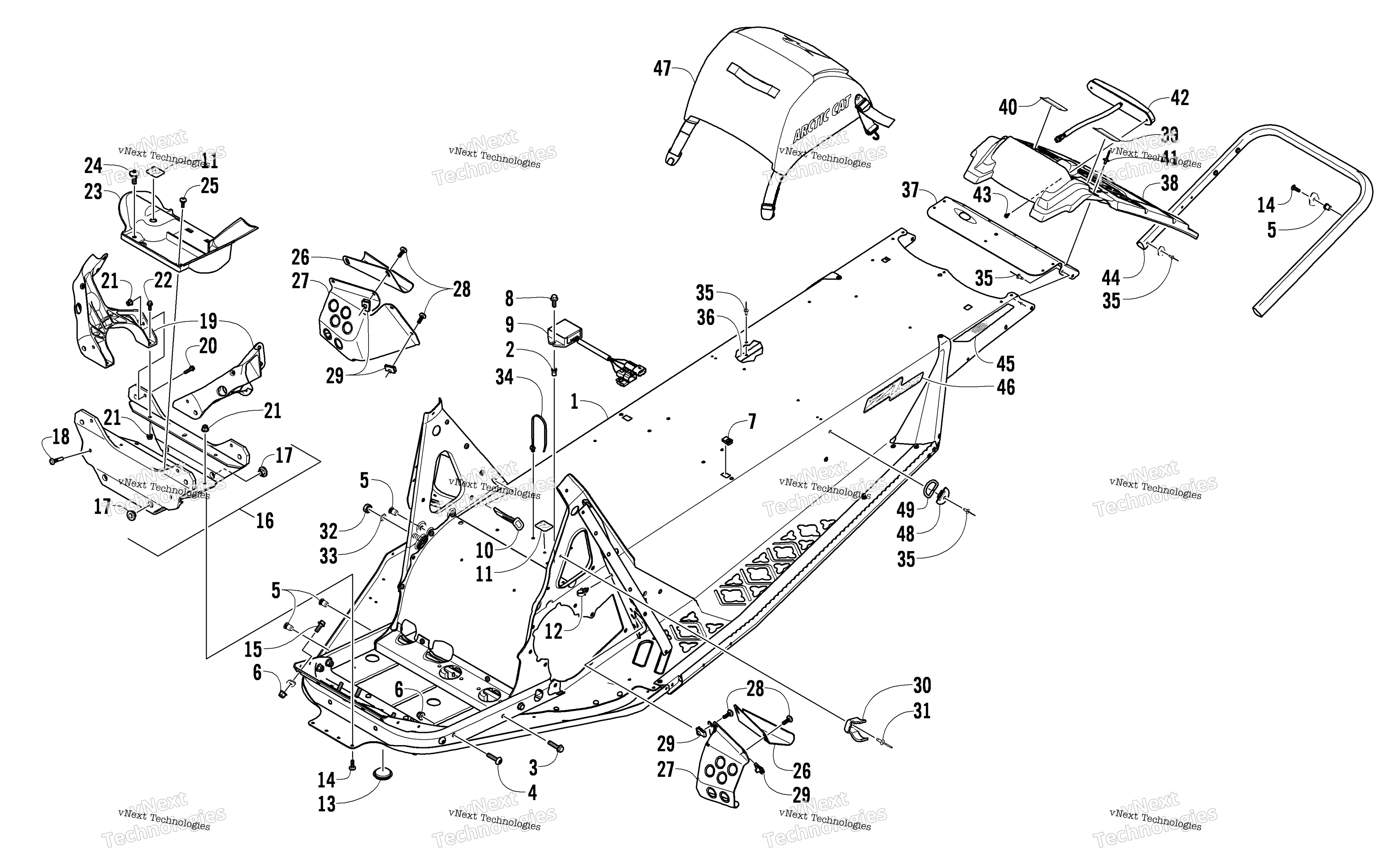 Chassis, задний Bumper, и Snowflap узел