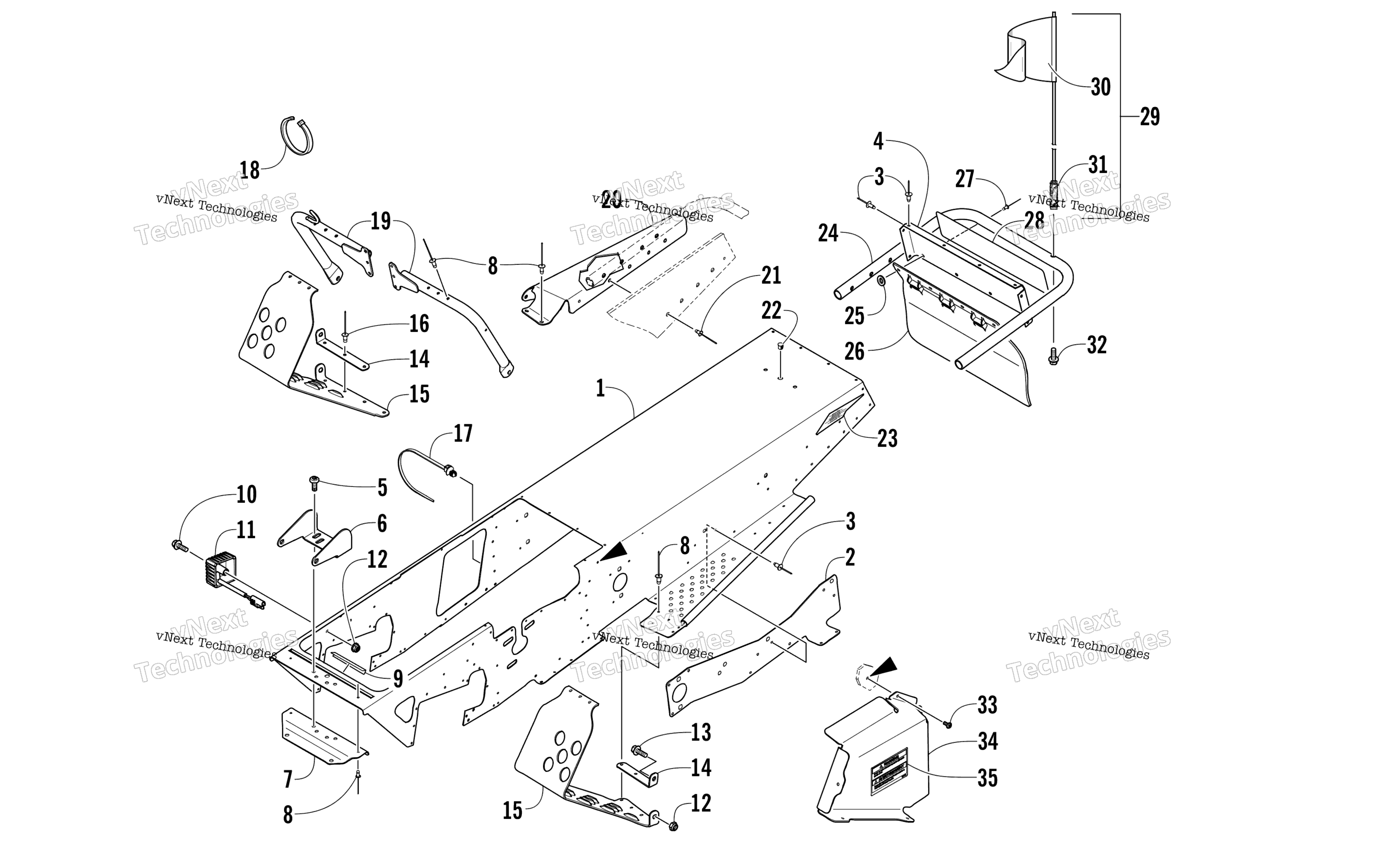 Chassis, Footrest, и задний Bumper узел