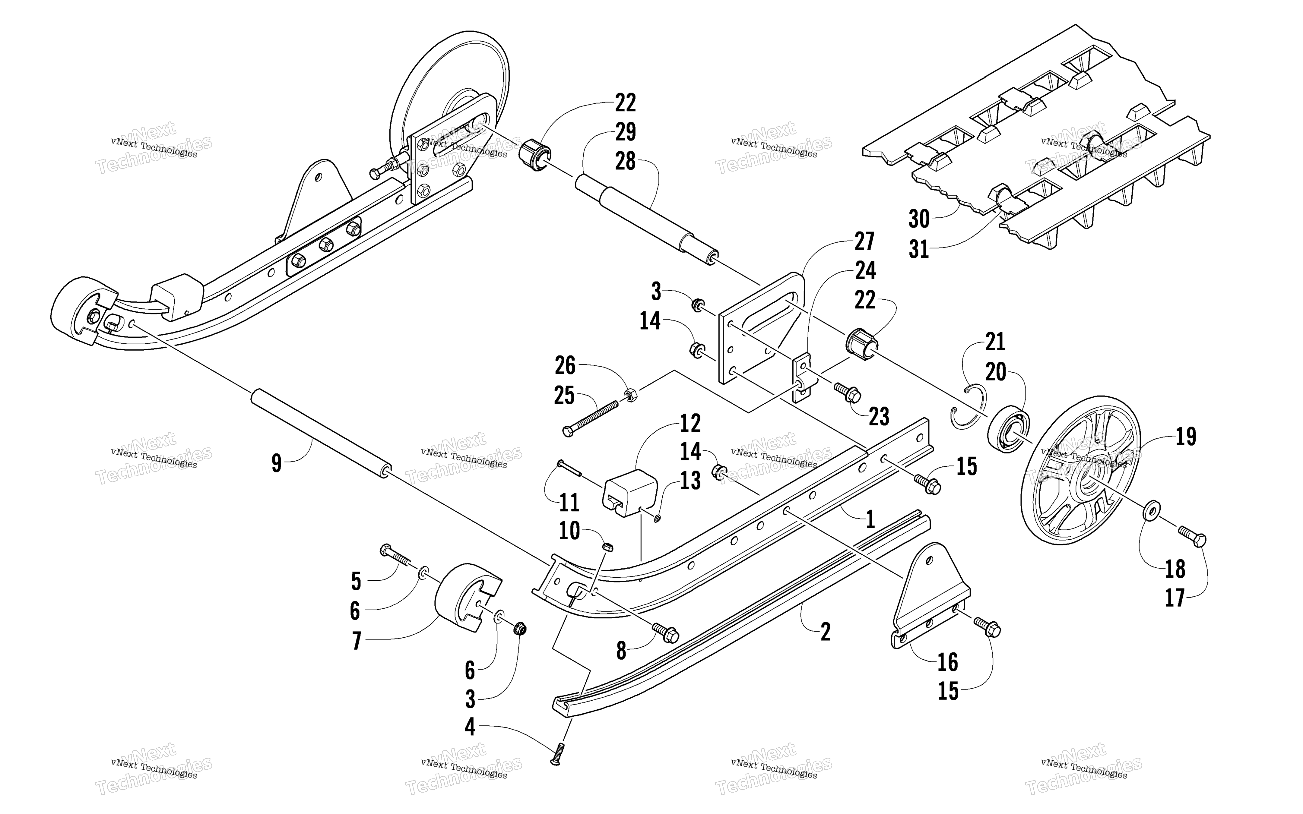 Slide Rail, Idler Wheels, и Track узел