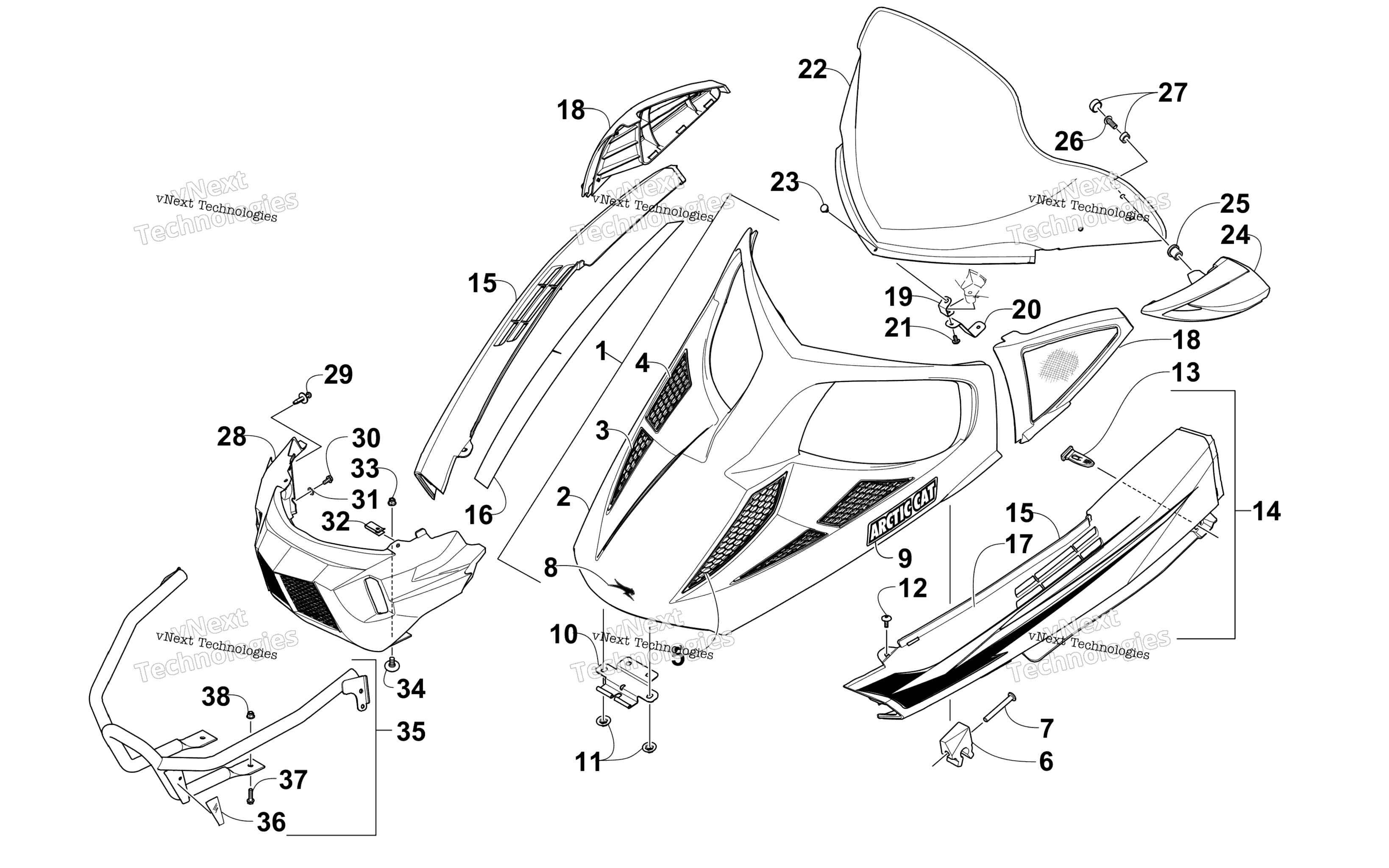 Hood, Windshield, и передний Bumper узел