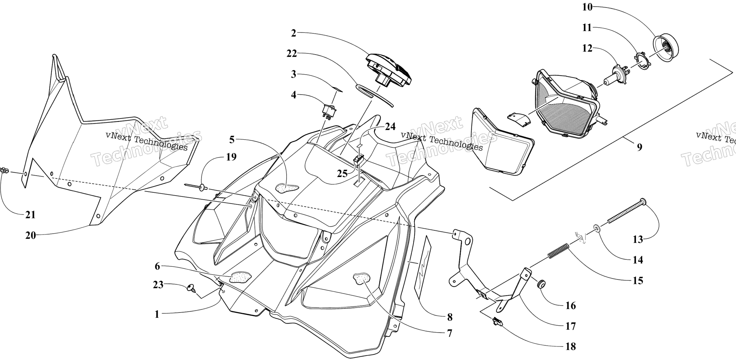 Hood, Windshield, и Instruments Assemblies