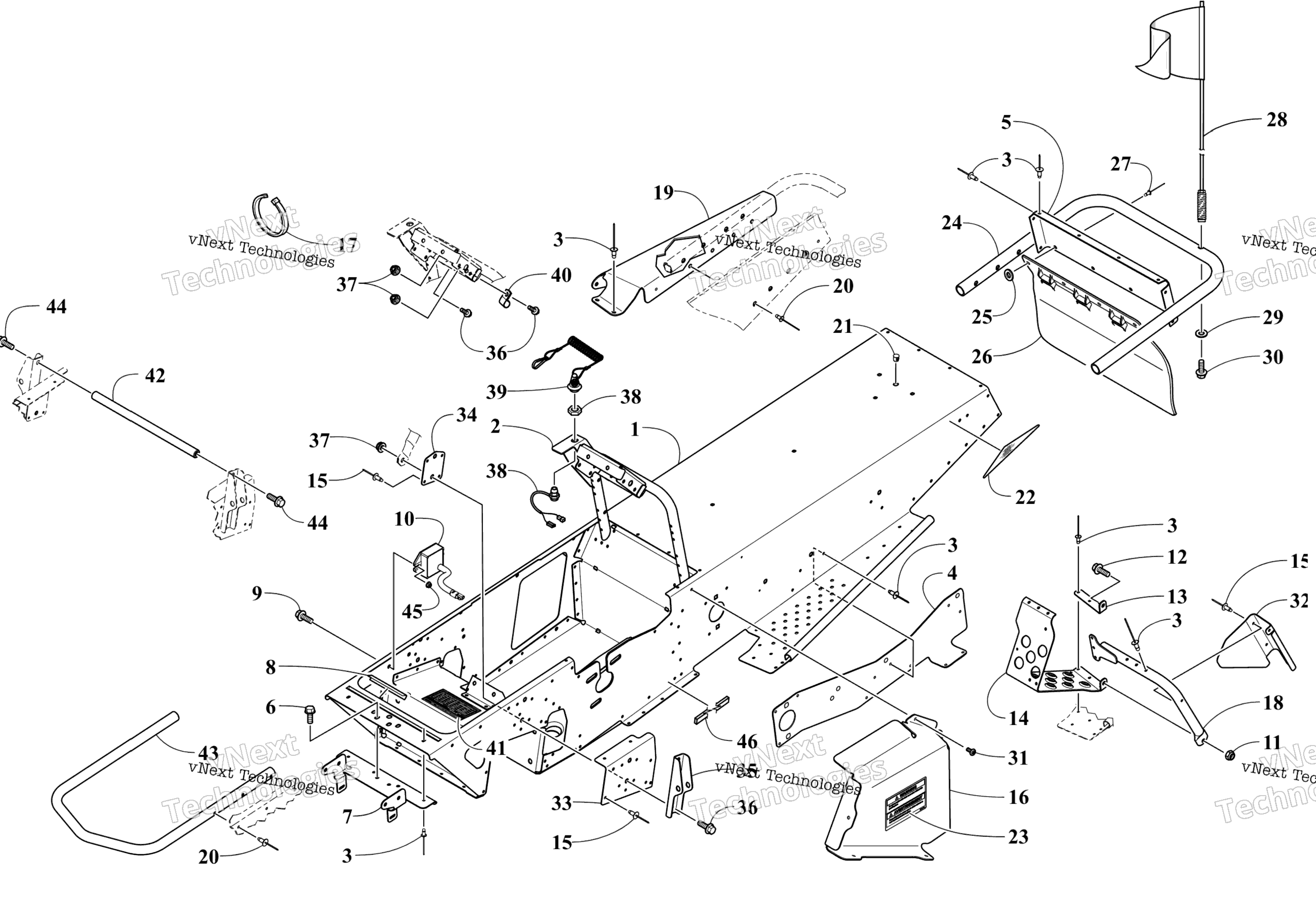 Chassis, Footrest, и задний Bumper узел