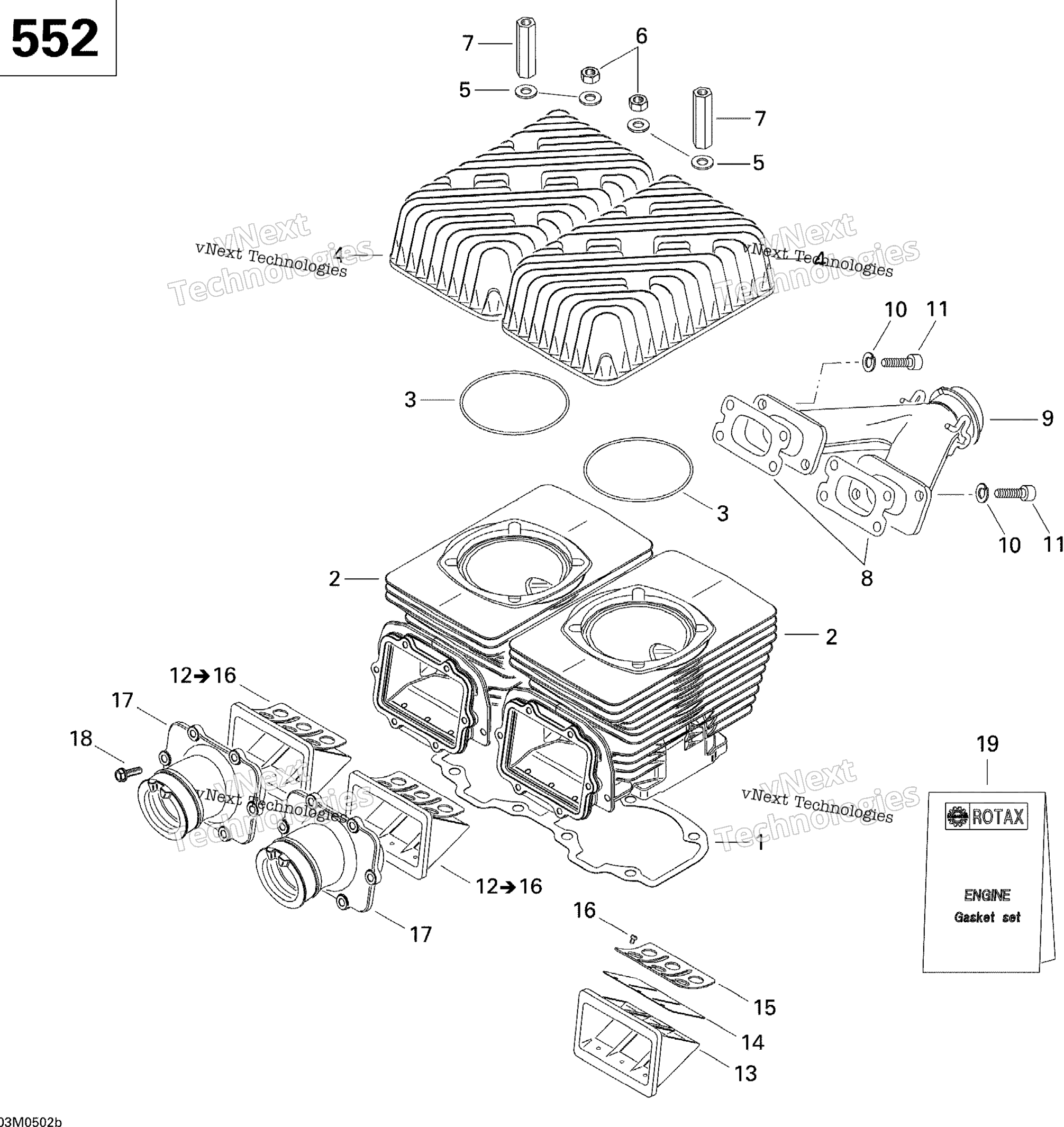 Cylinder, выхлоп коллектор и Reed клапан 552