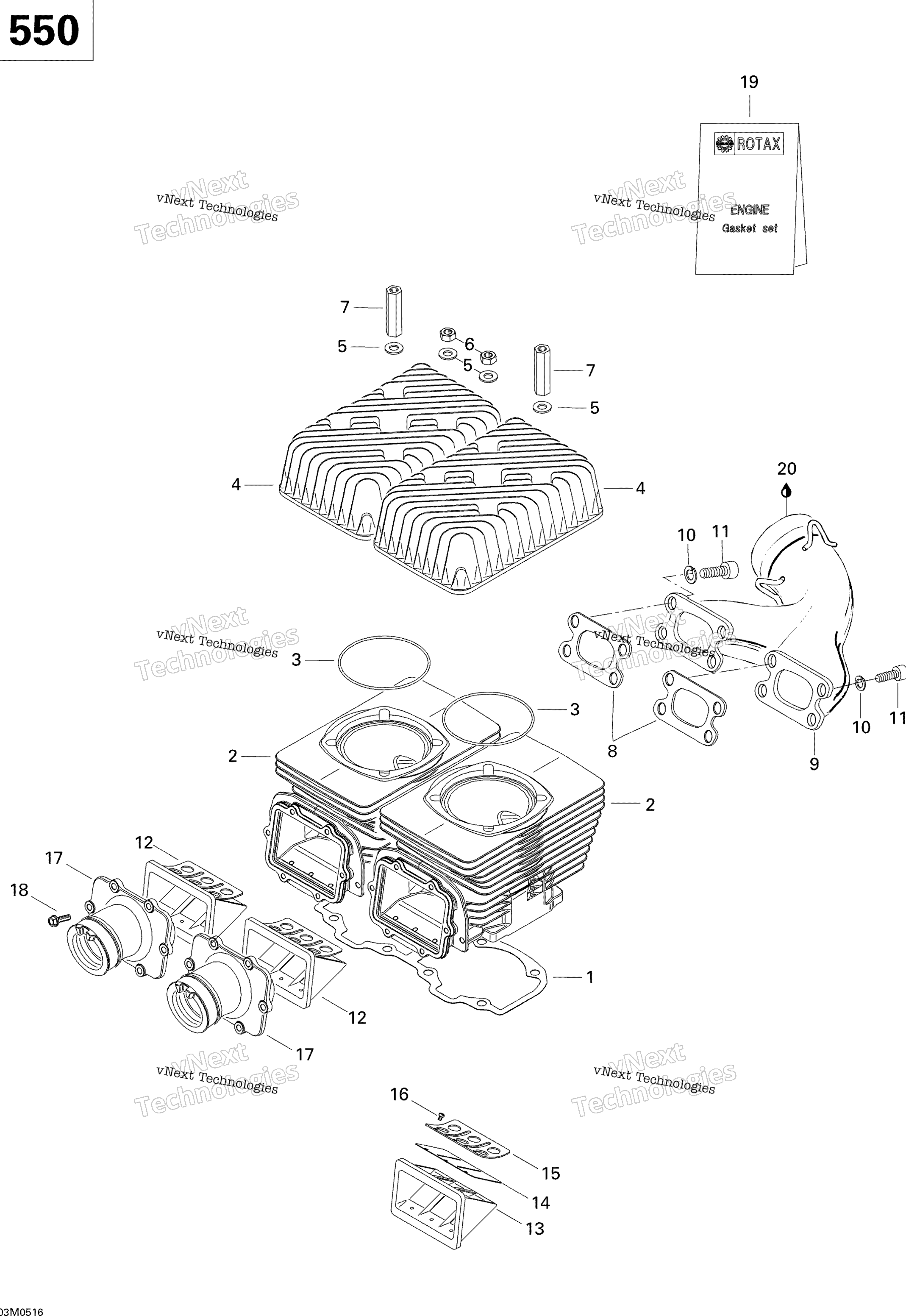 Cylinder, выхлоп коллектор и Reed клапан 550F