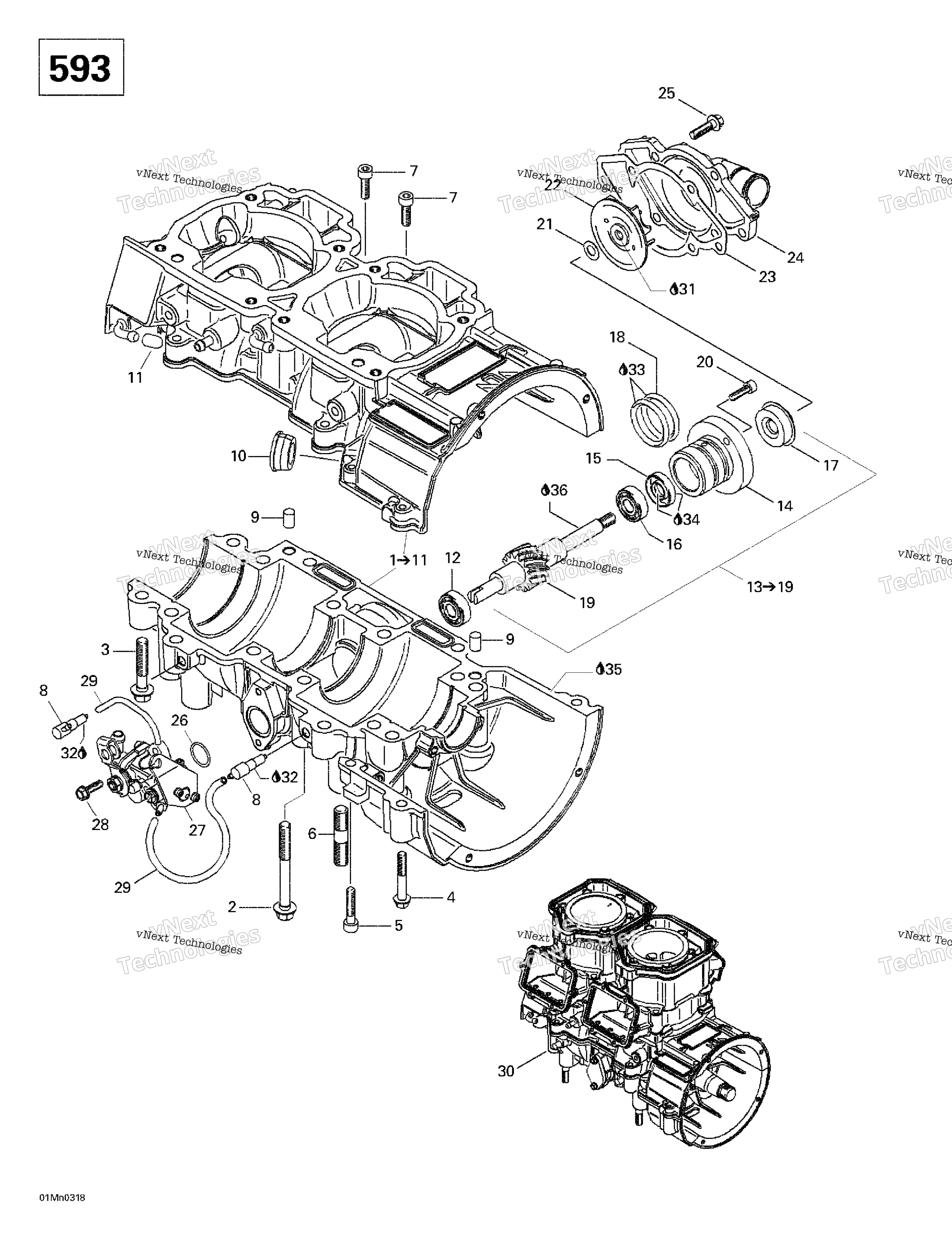 Crankcase, Rotary Valve, Water насос (593)