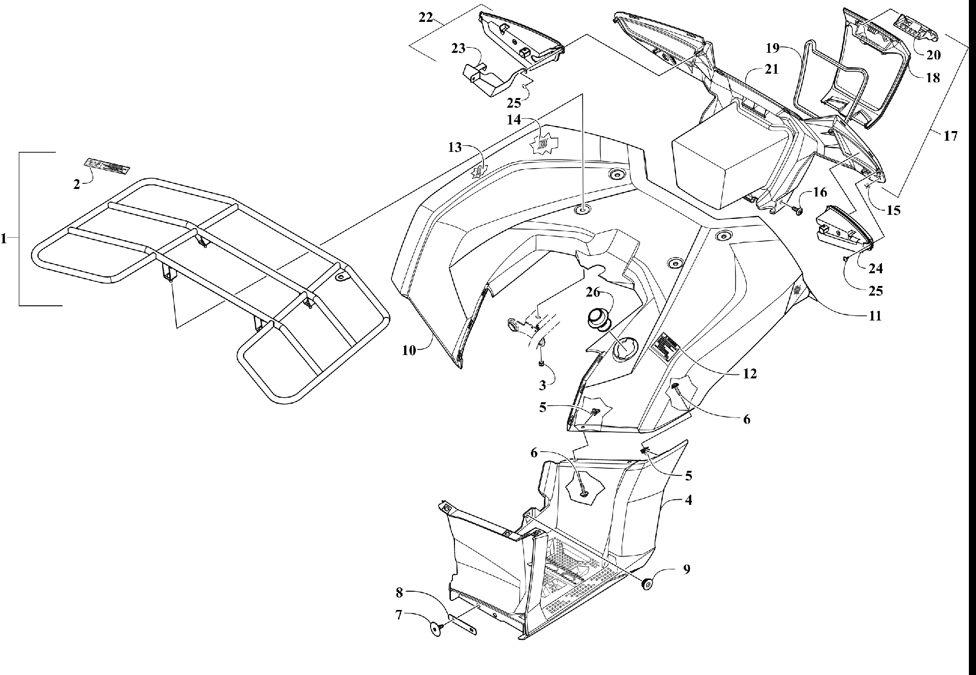 задний RACK, кузов PANEL, FOOTWELL, и TAILLIGHT ASSEMBLIES [303965]