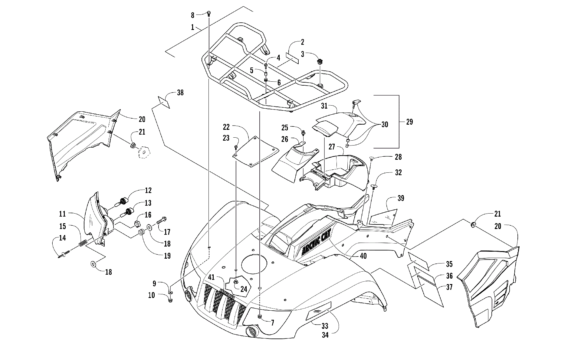 Передняя часть RACK, BODY PANEL, AND HEADLIGHT ASSEMBLIES [301720]