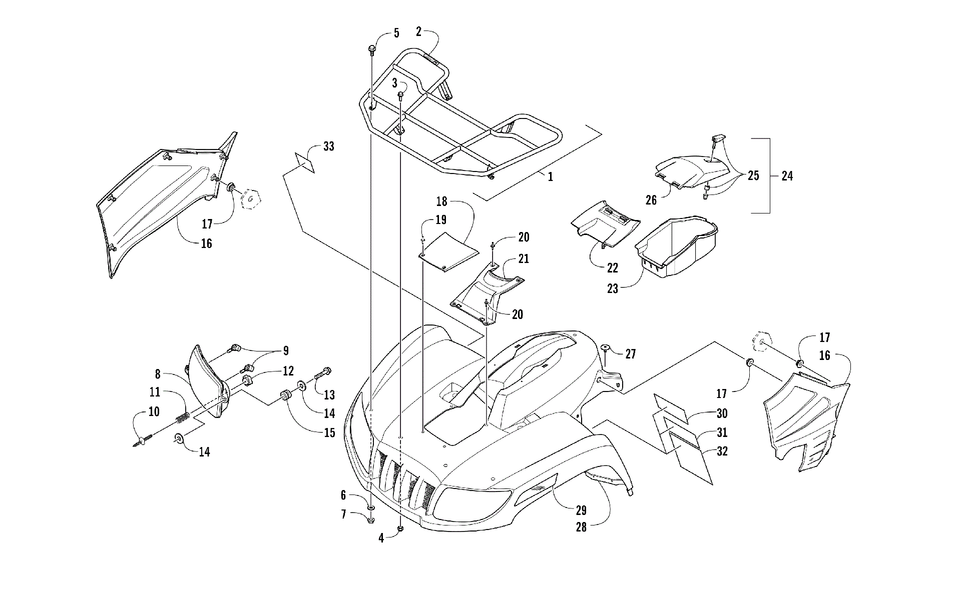 Передняя часть RACK, BODY PANEL, AND HEADLIGHT ASSEMBLIES [302223]