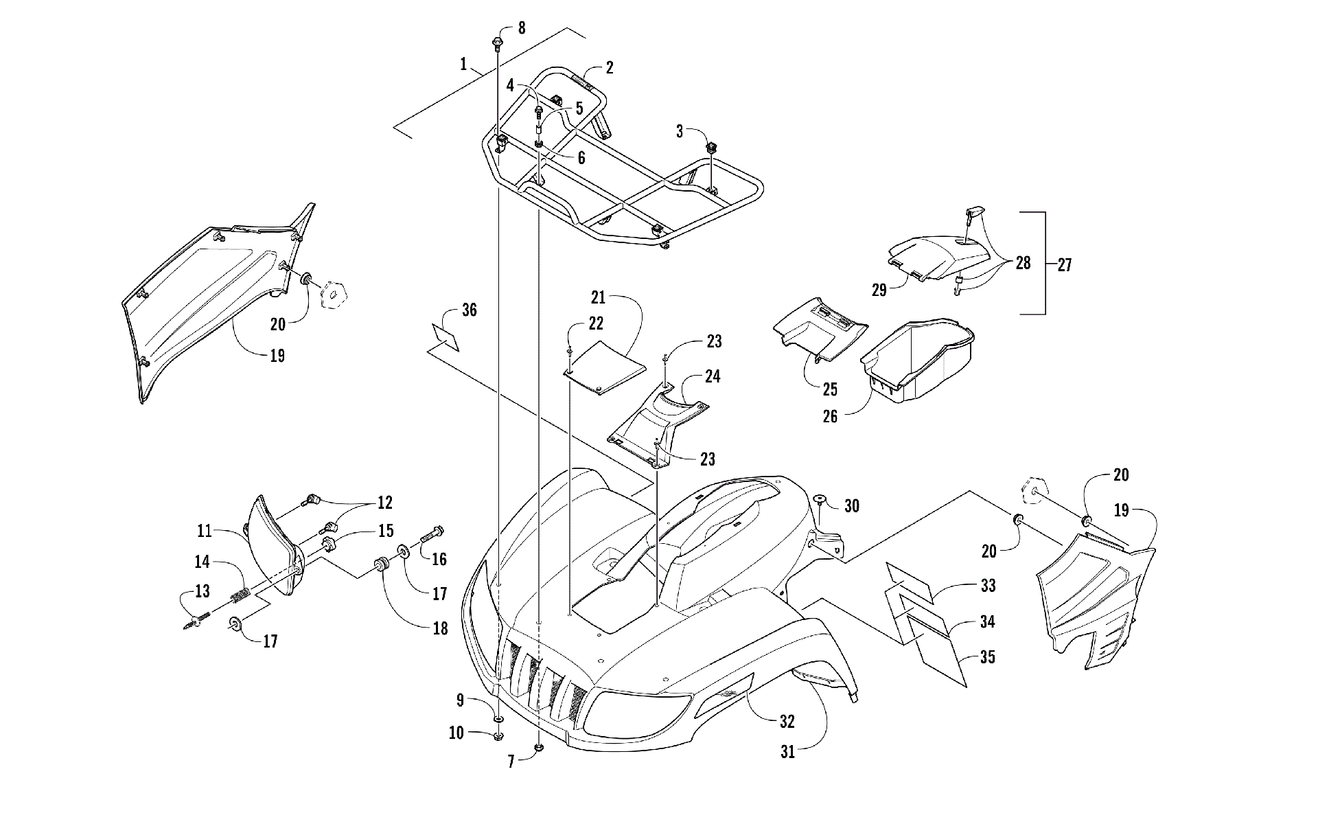 Передняя часть RACK, BODY PANEL, AND HEADLIGHT ASSEMBLIES [303036]
