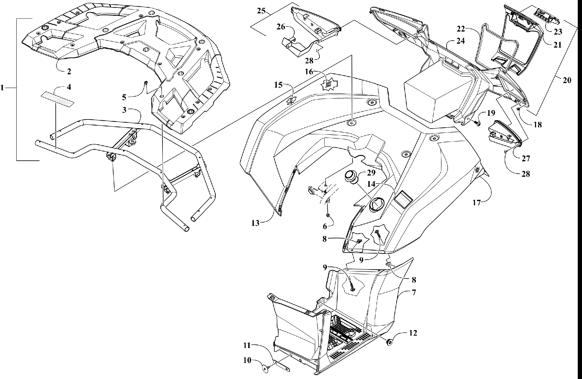 задний RACK, кузов PANEL, FOOTWELL, и TAILLIGHT ASSEMBLIES [302783]