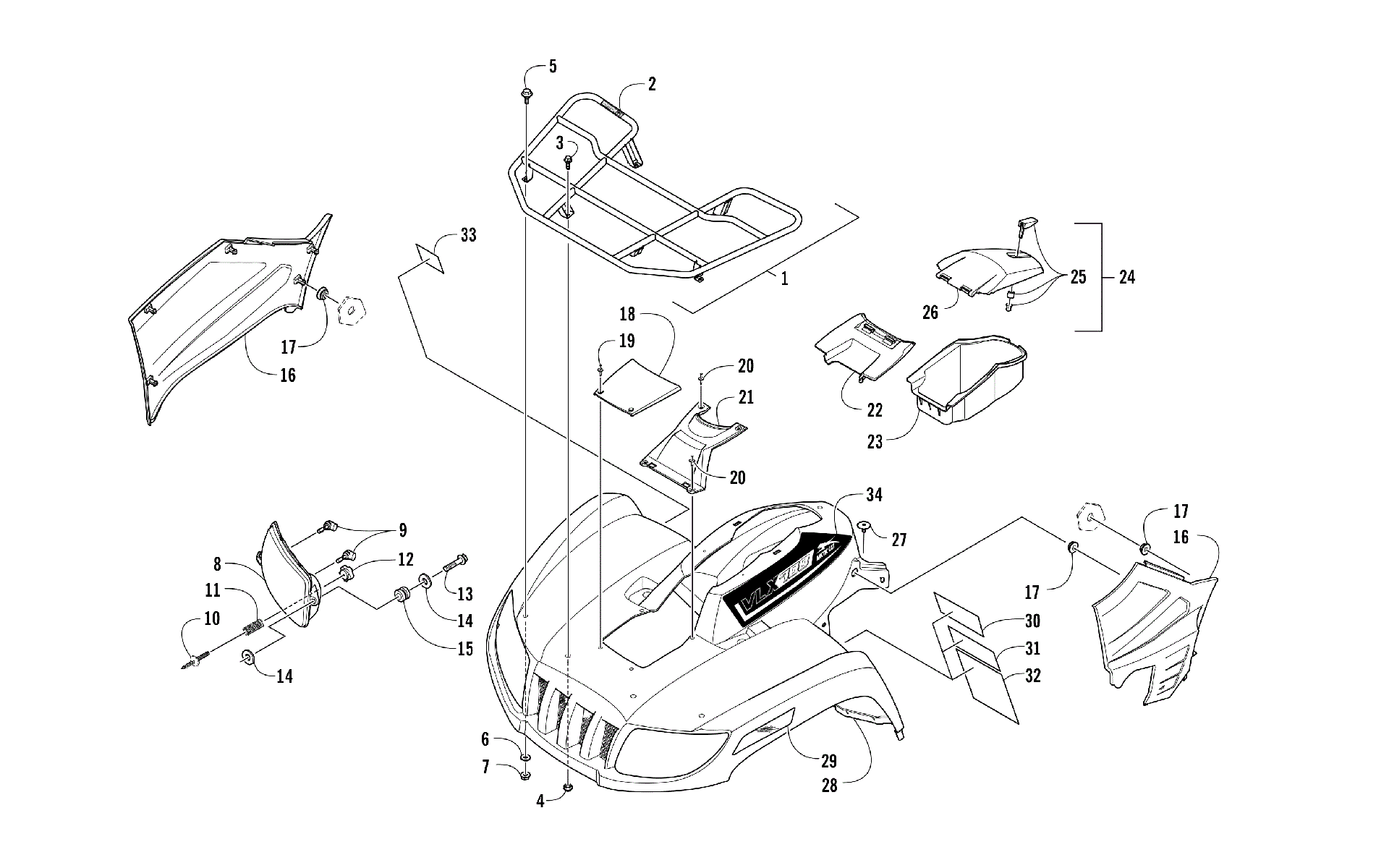 Передняя часть RACK, BODY PANEL, AND HEADLIGHT ASSEMBLIES [302135]