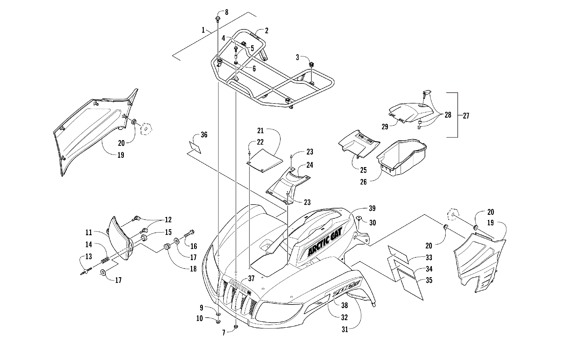 Передняя часть RACK, BODY PANEL, AND HEADLIGHT ASSEMBLIES [301731]