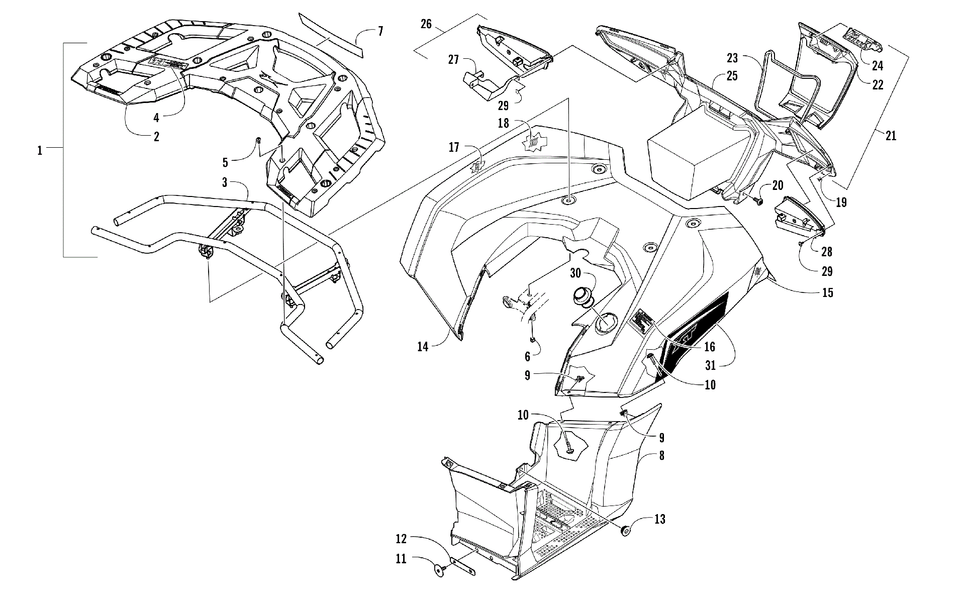 задний RACK, кузов PANEL, FOOTWELL, и TAILLIGHT ASSEMBLIES [301592]
