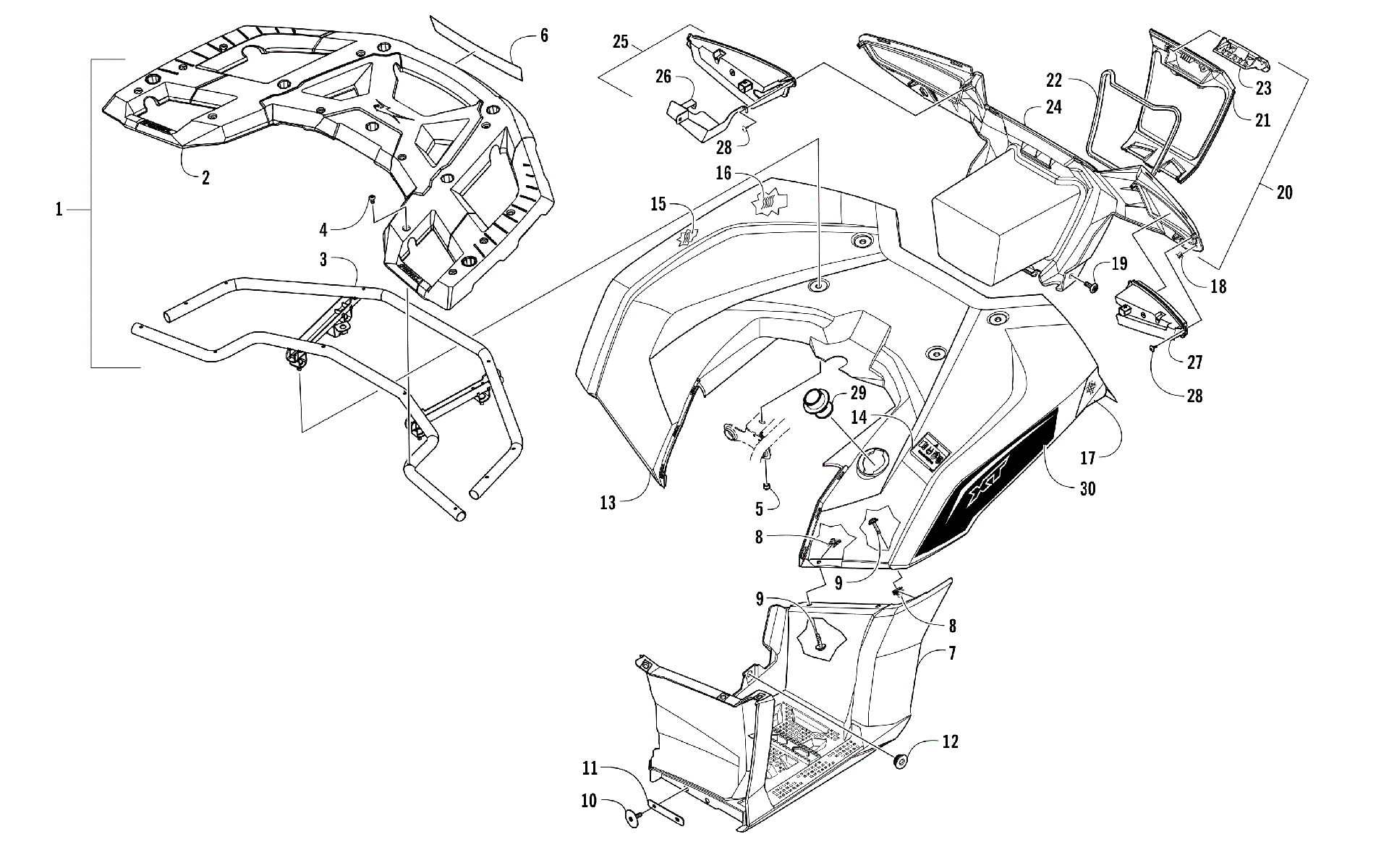 задний RACK, кузов PANEL, FOOTWELL, и TAILLIGHT ASSEMBLIES [302060]