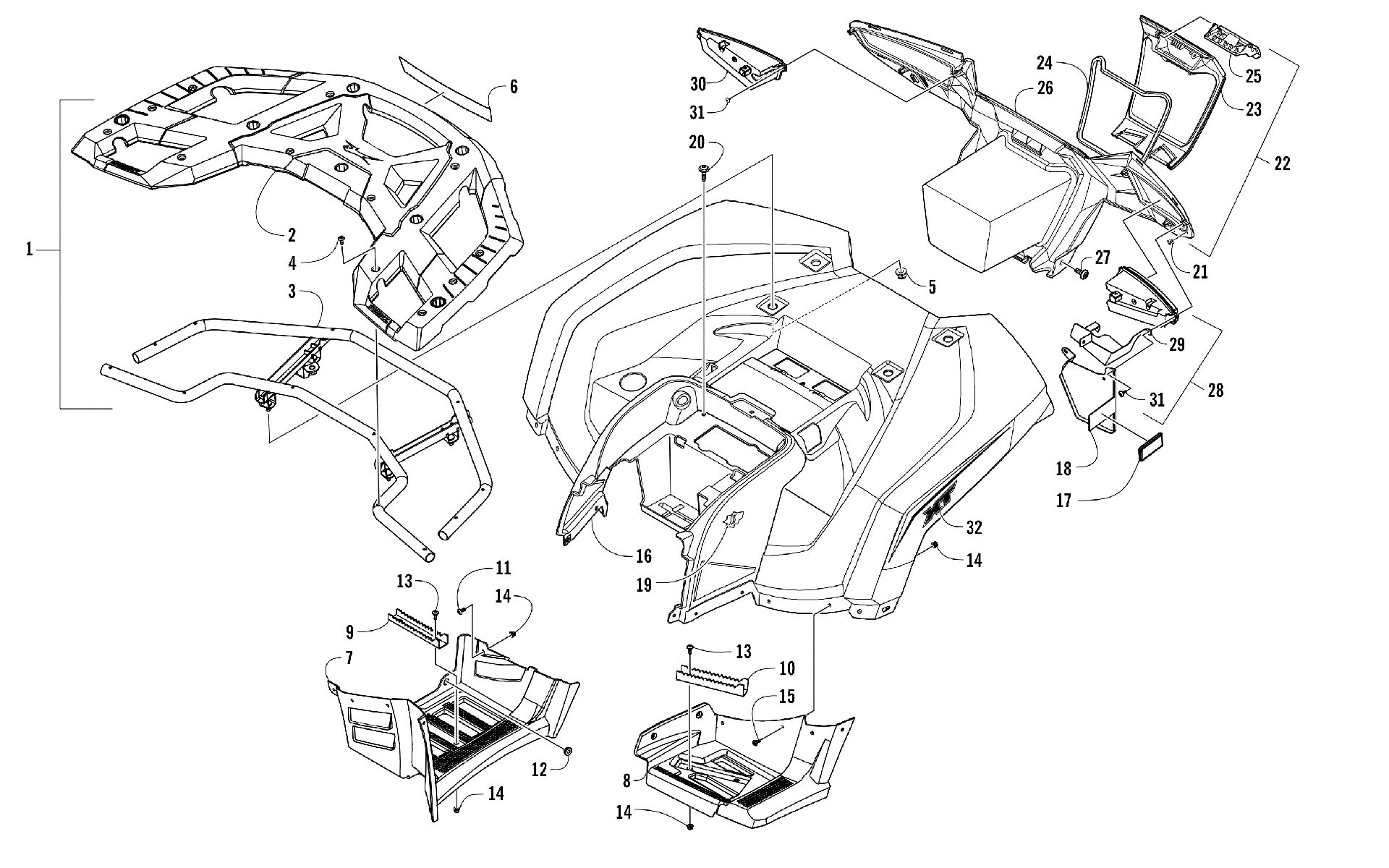 задний RACK, кузов PANEL, FOOTWELL, и TAILLIGHT ASSEMBLIES [301943]