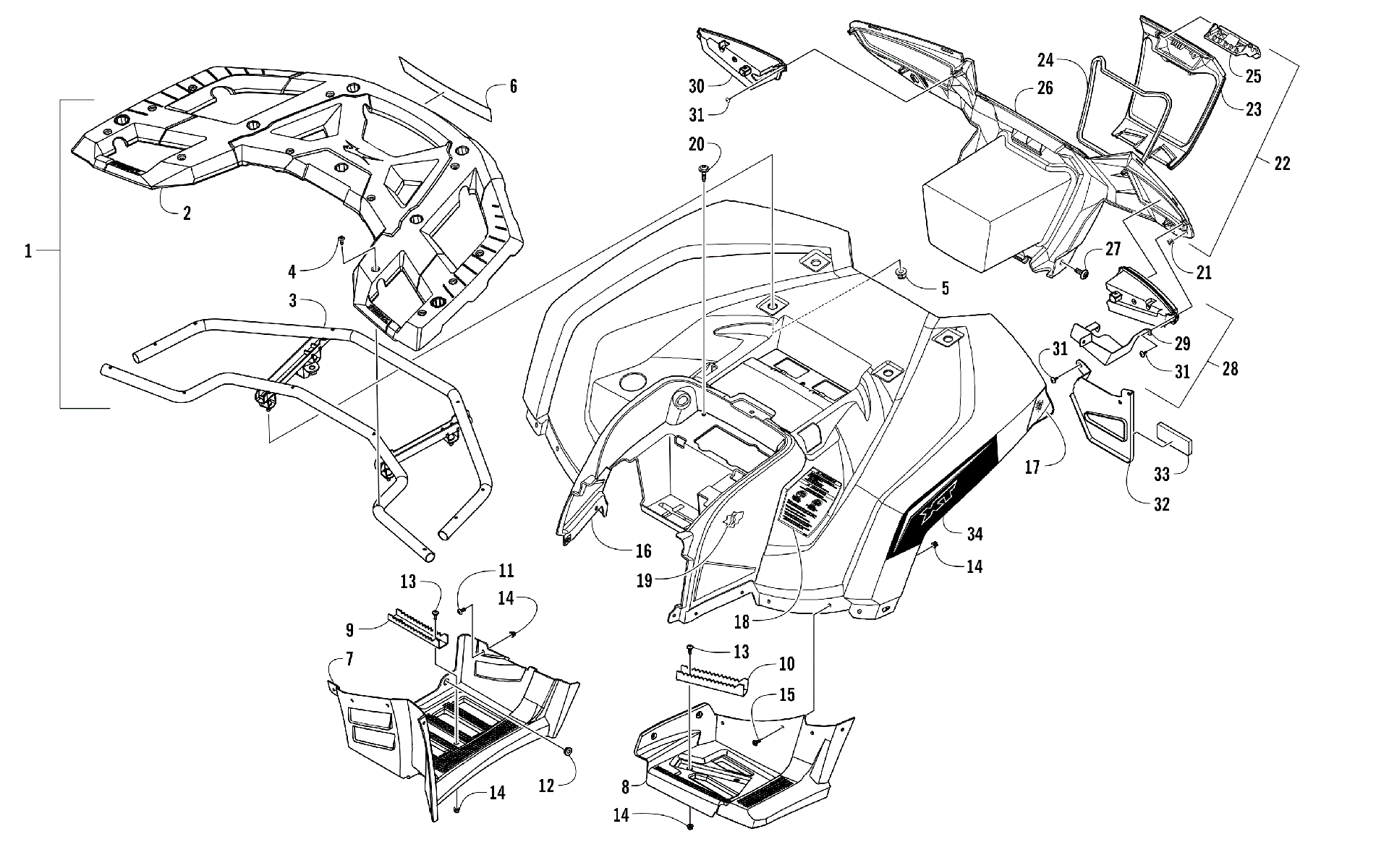 задний RACK, кузов PANEL, FOOTWELL, и TAILLIGHT ASSEMBLIES [301979]